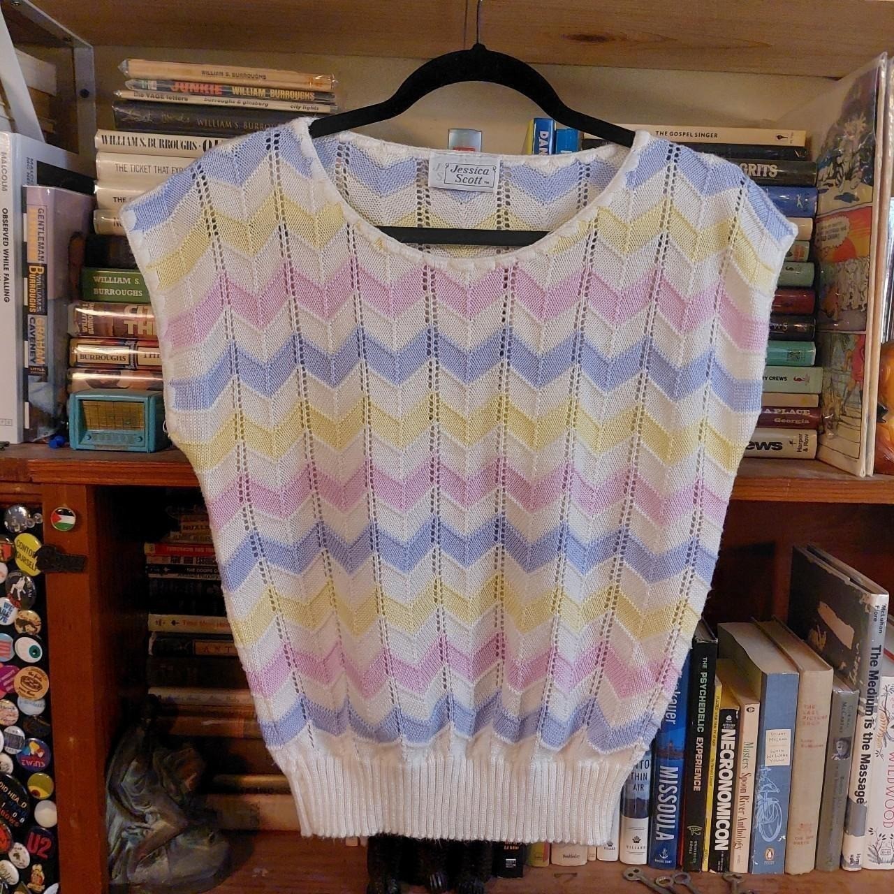 Vintage pink, yellow, purple, and white sweater vest.