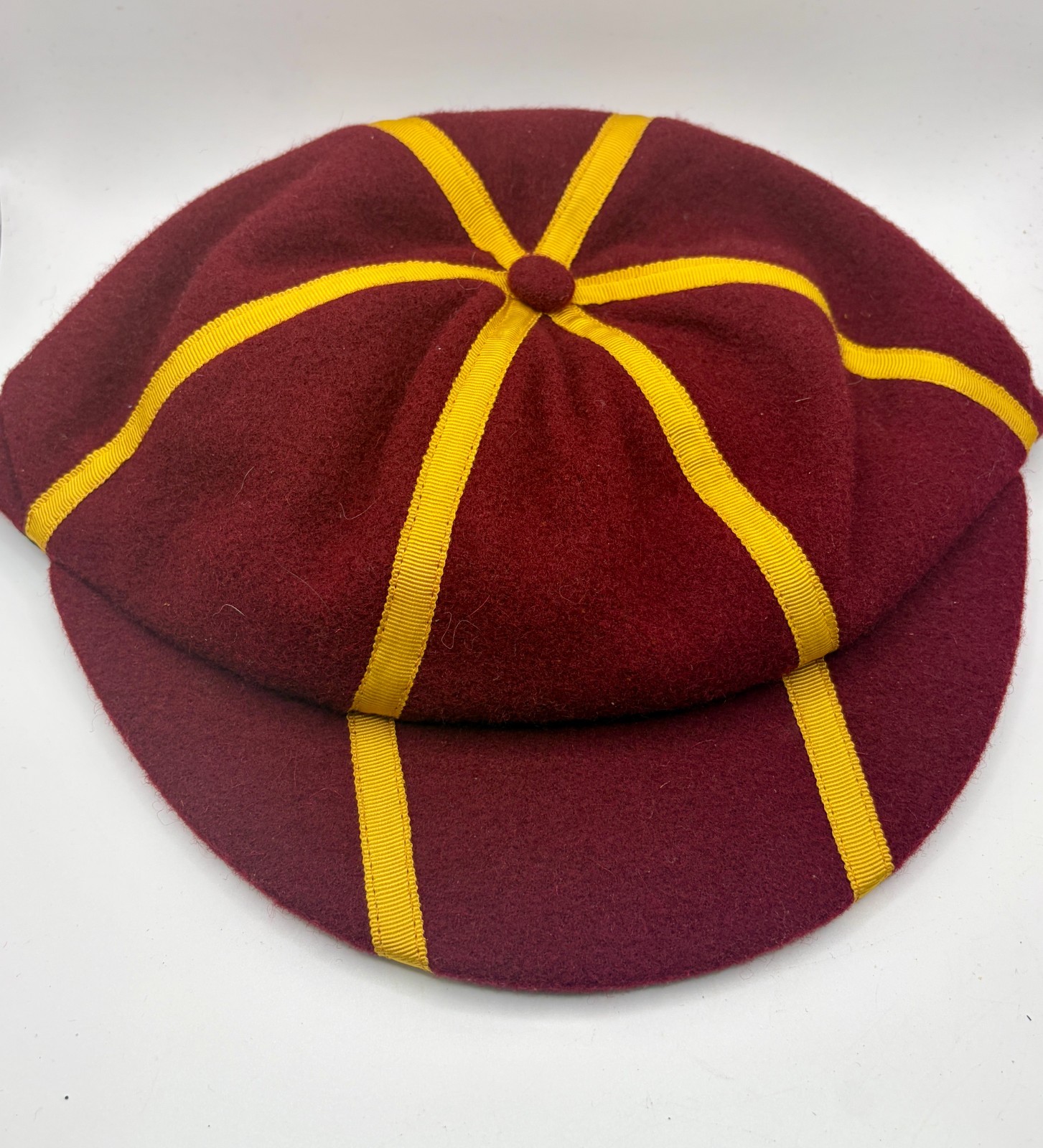 Vintage Harrods London Wool School Cap Hat Burgundy Yellow Size 7 1/8 England