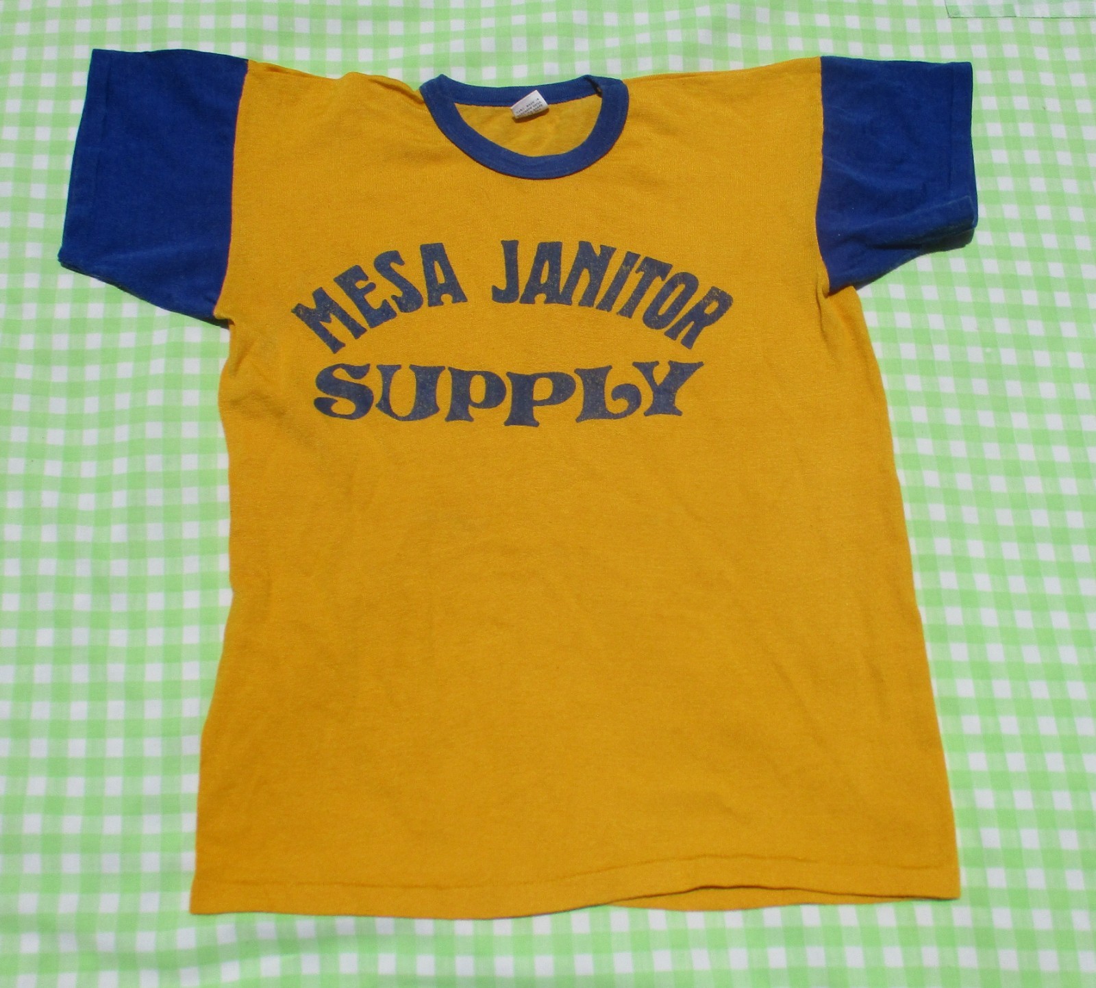 Vintage 60s 70s MASON Mesa Janitor Supply Gold Blue Durene Athletic Jersey XS