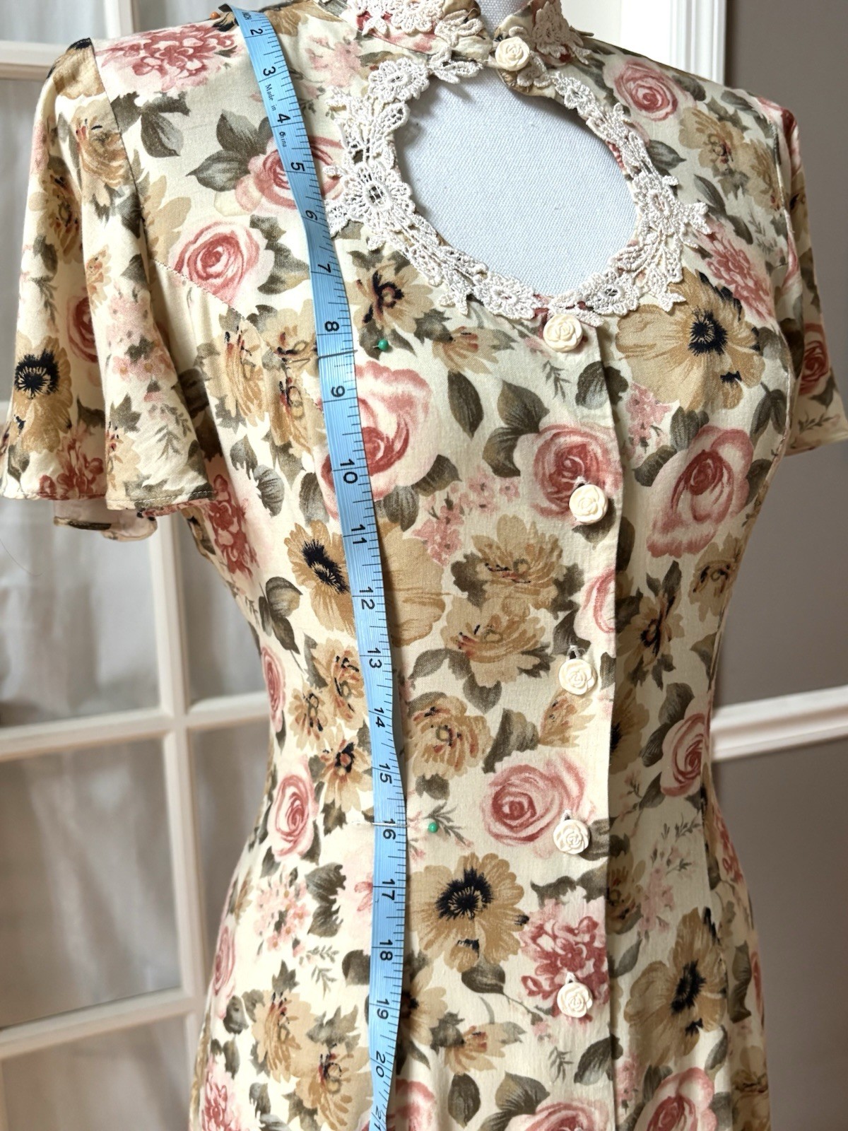 Vintage Joni Blair Floral Rayon Midi Dress Cottagecore Lace Keyhole Size 3