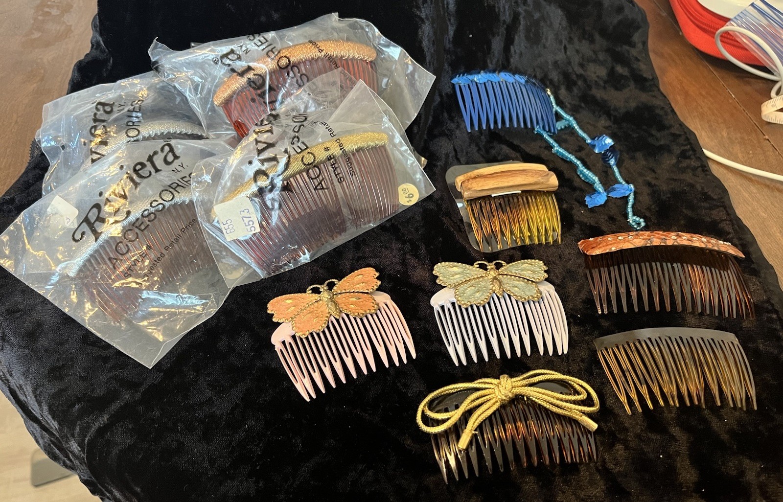 VTG Lot 12 Riviera Wood Fabric Metal Side Hair Comb Plastic Clips Butterflies