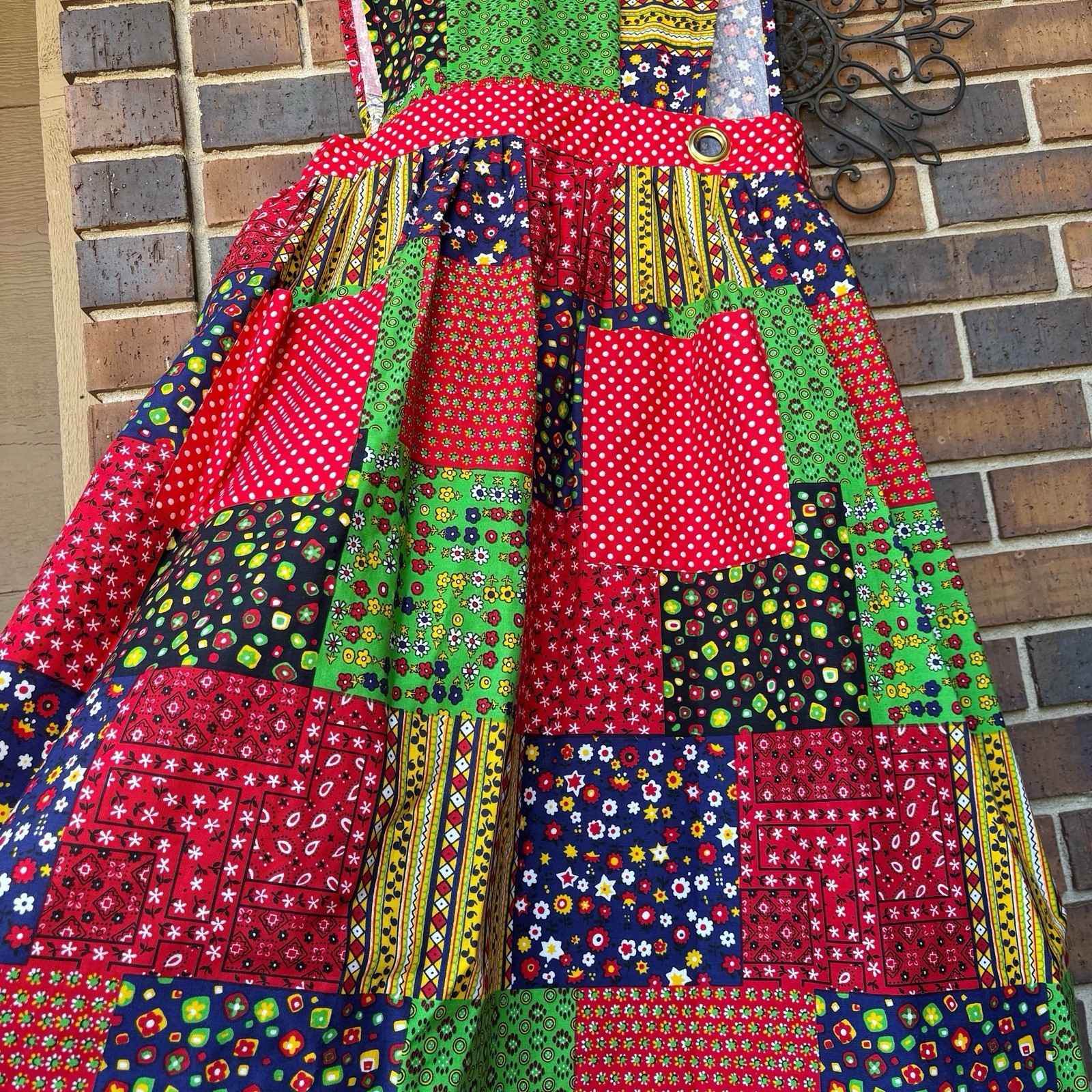Vintage 1970s Patchwork Apron Smock Wrap maxi dress with pockets and ties S/M