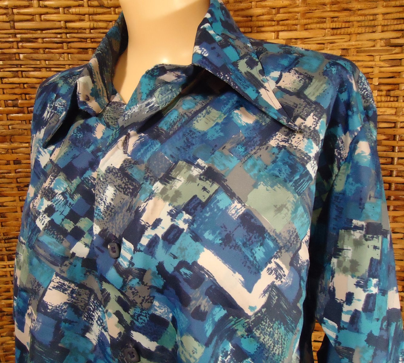 Vtg True 70s Blue Abstract Pimp Disco Long Sleeve Shirt L 16-16 1/2 Big Collar