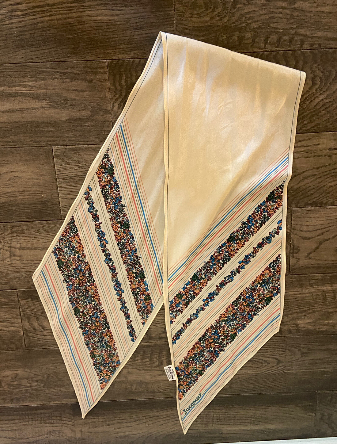 VTG Jacqmar Neck Scarf Floral Stripe Long Skinny Italy Mod 100% Polyester