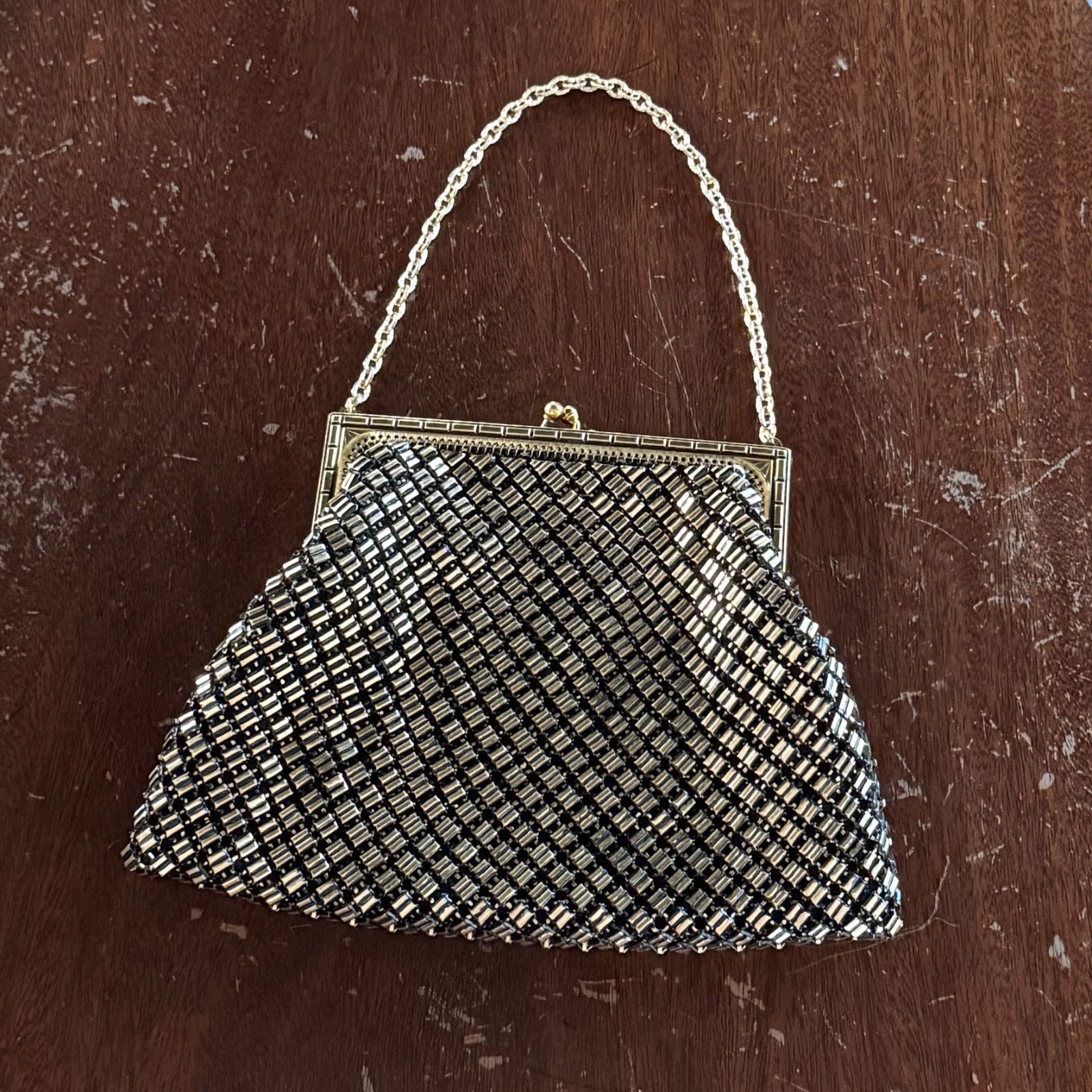 Vintage Whiting & Davis Black Gold Metal Mesh Cocktail Evening Purse | Art Deco