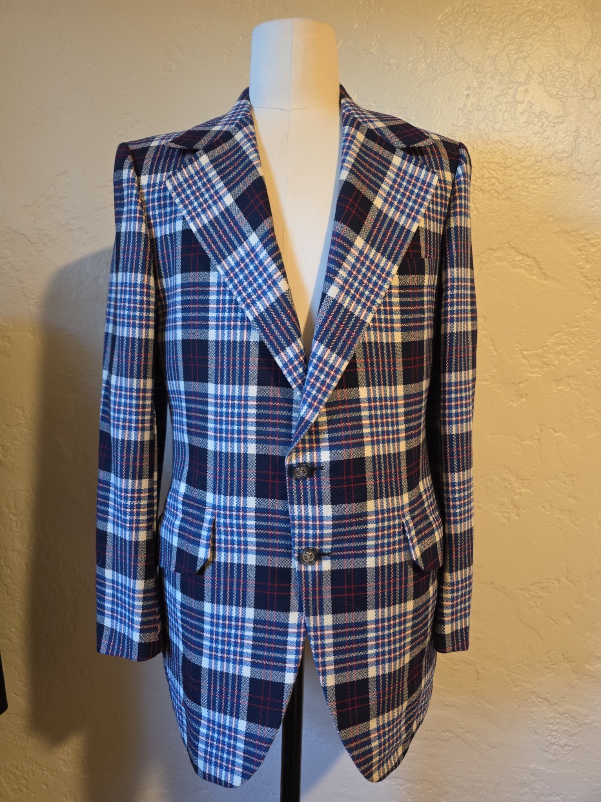 Vintage 1970s Louis Roth Wool Blue Plaid Mens Sport Coat Tie Dye Lining! 41L