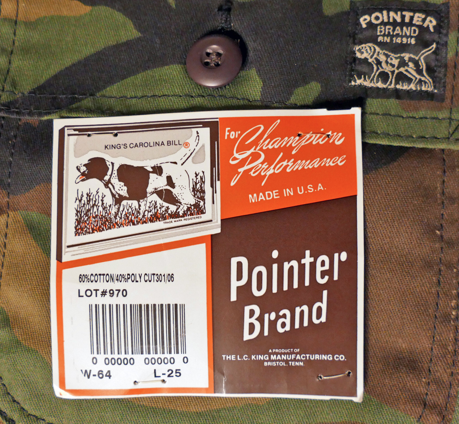 vintage Pointer Brand mens camo cotton-poly pants, size 64W 25L – new with tags