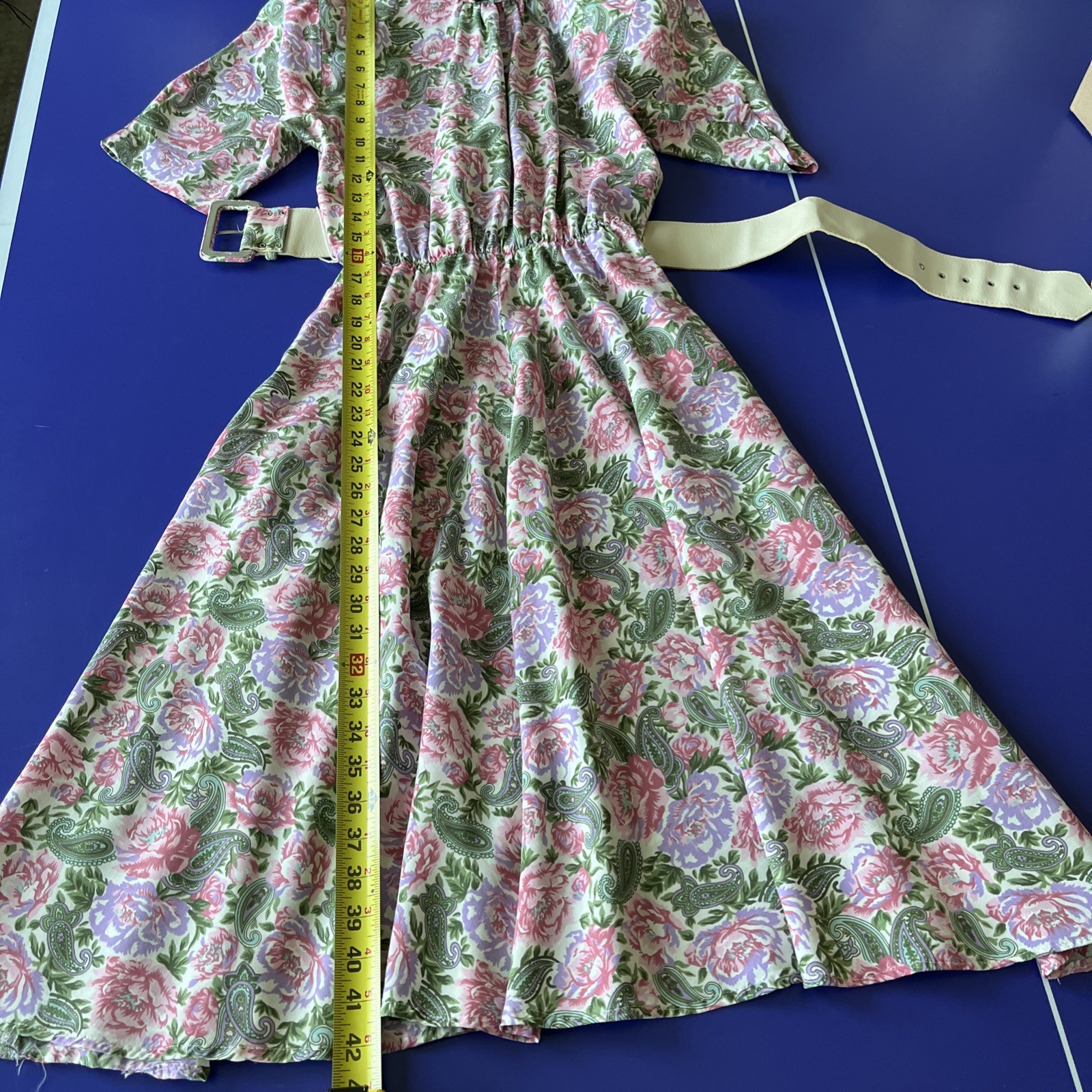 VINTAGE E.D. MICHAEL BELTED FLORAL Paisley RAYON DRESS SIZE 5-6 Padded Shoulders