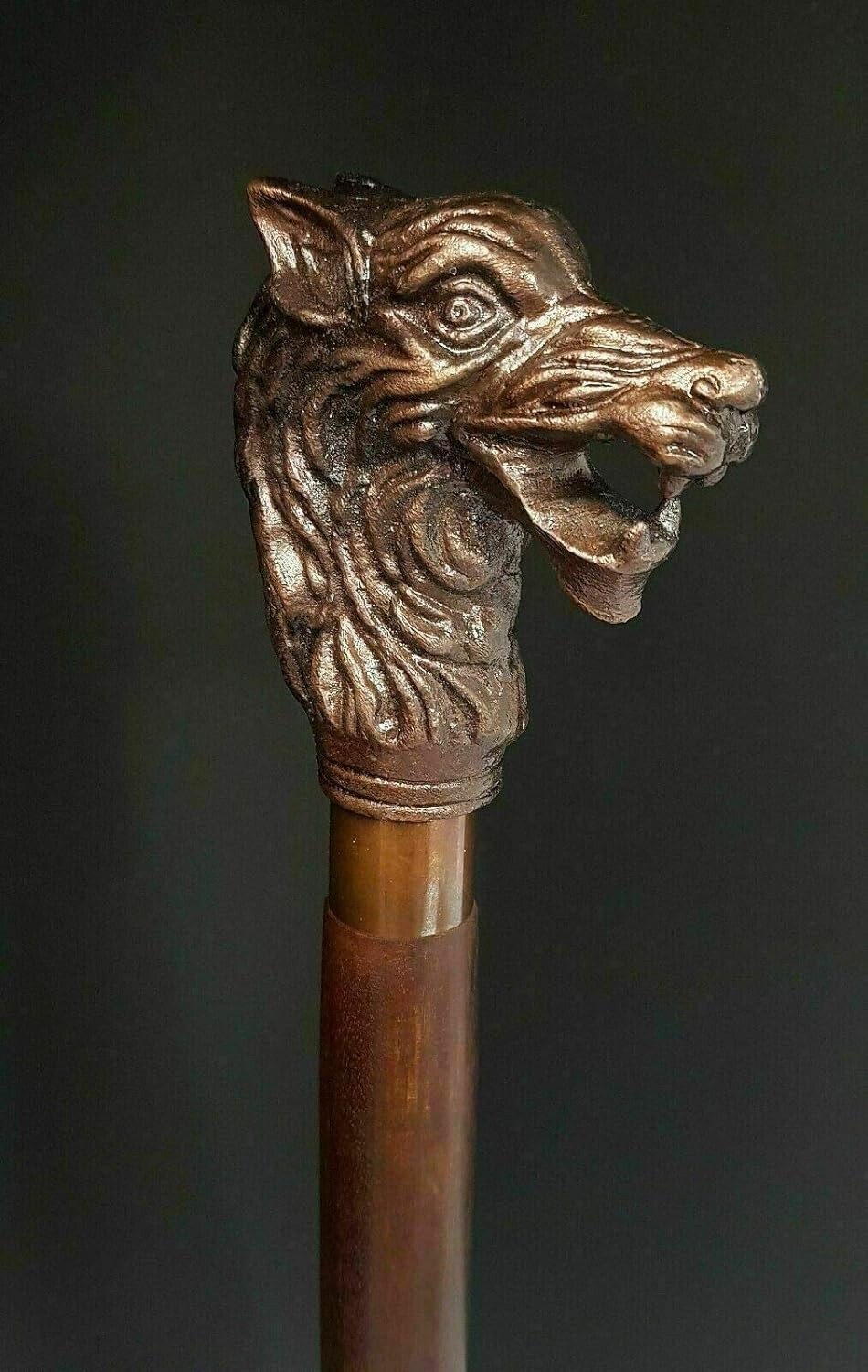 Aesthetic Walking Cane Stick Wolf Head Antique Look Handle Unisex Wooden Cane
