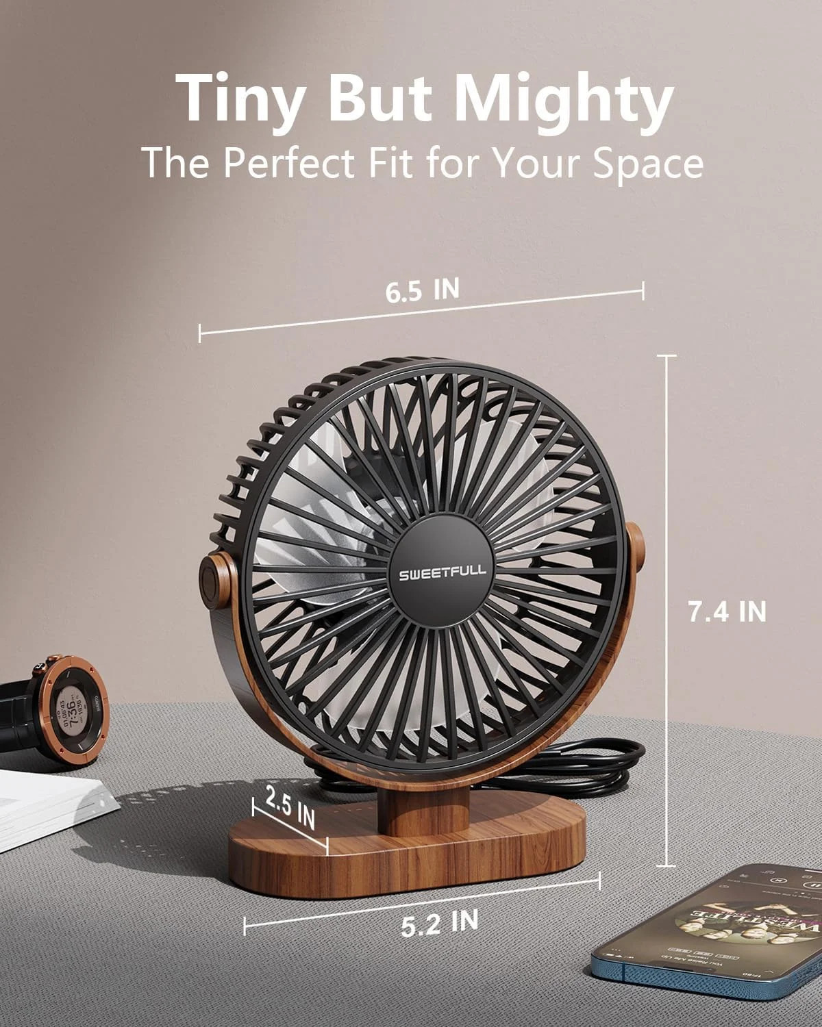 SWEETFULL 6.5 Inch USB Desk Fan 3 Speed Quiet Portable Desktop Personal Fan