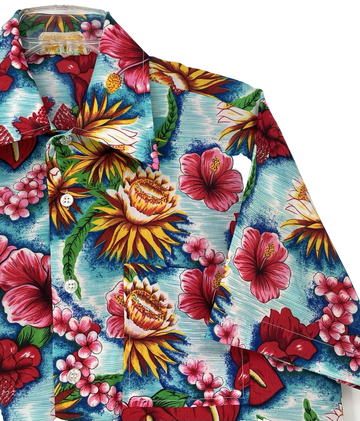 VTG Mens 1970s Aloha Brand Bold Print Hawaiian Luau Surfer Pocket Camp Shirt med