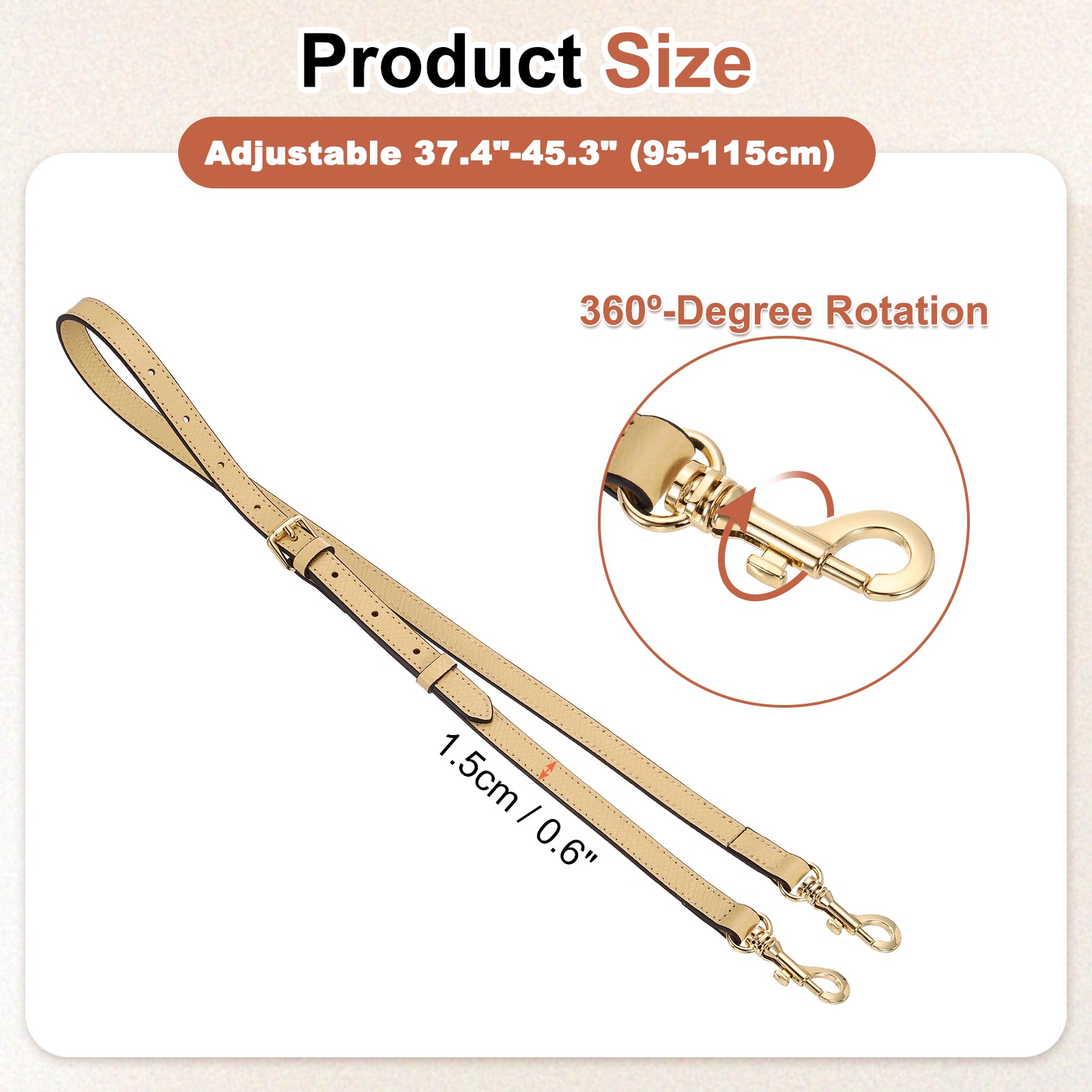 Leather bag strap, 95-115 cm adjustable (caches, gold buckle)