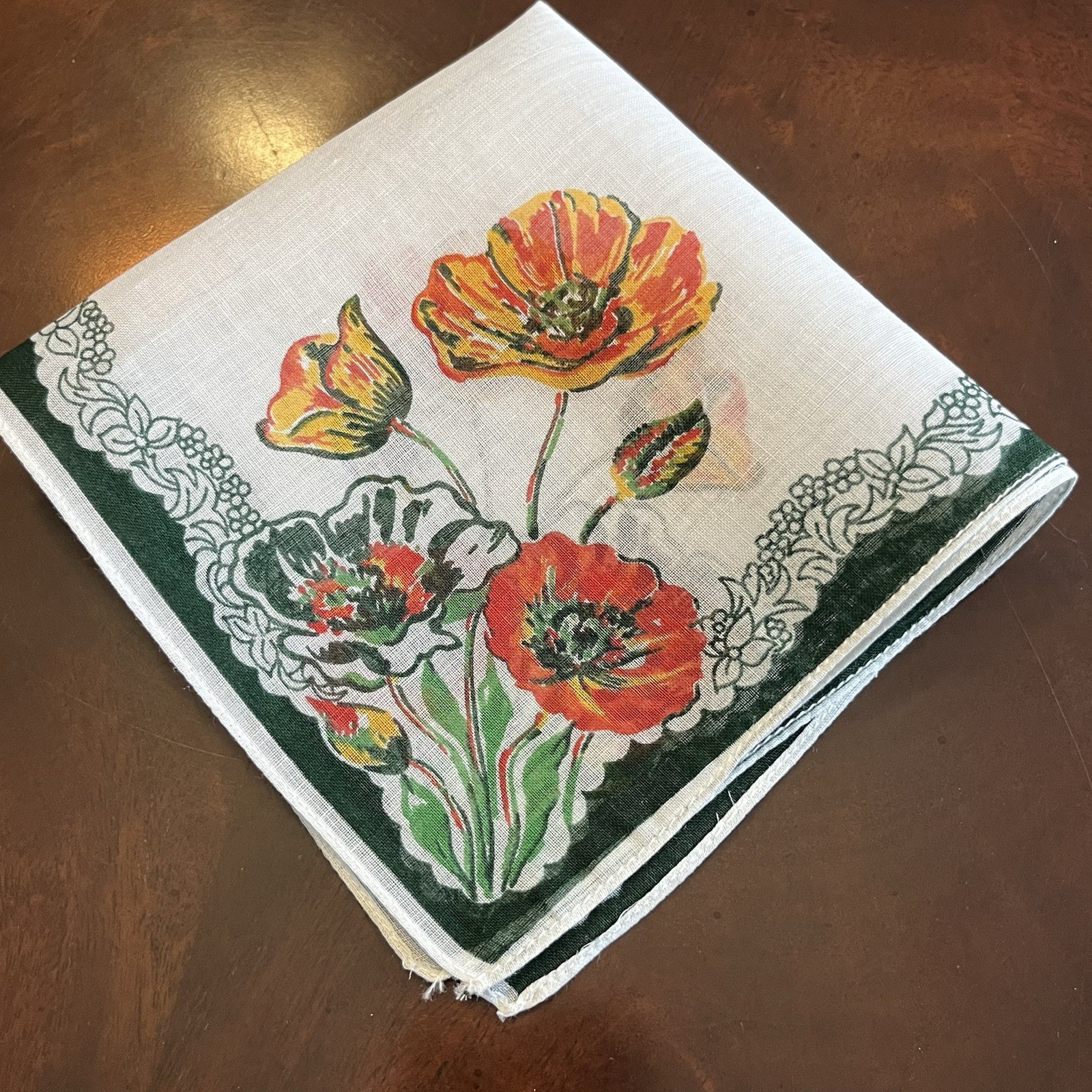 VTG MCM Floral Hankie Bright Orange Poppies Dark Green Border Cotton 10×10″