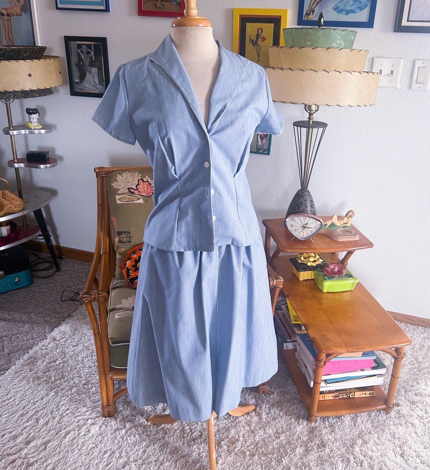 Vintage 1940s Style Suit Set | Jacket | Skirt | Blue White Stripe | M | 40s 80s