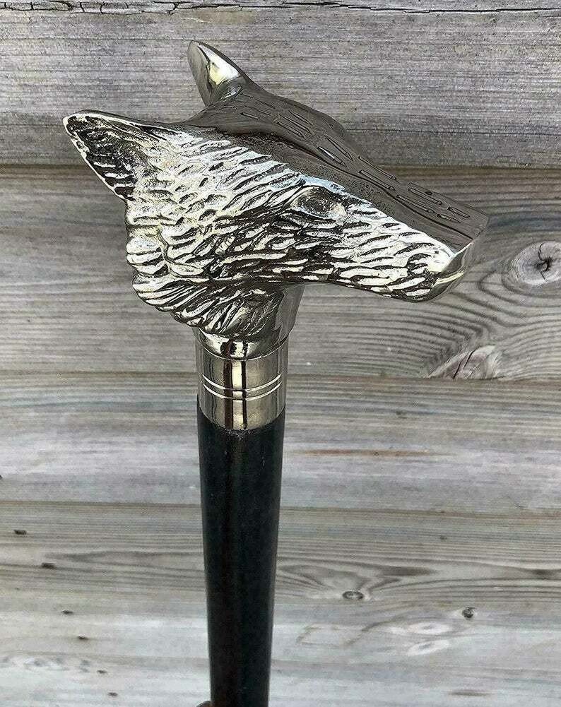 Antique Chrome Finish Wolf Head Handle 3 Fold Wooden Walking Stick Halloween Ite