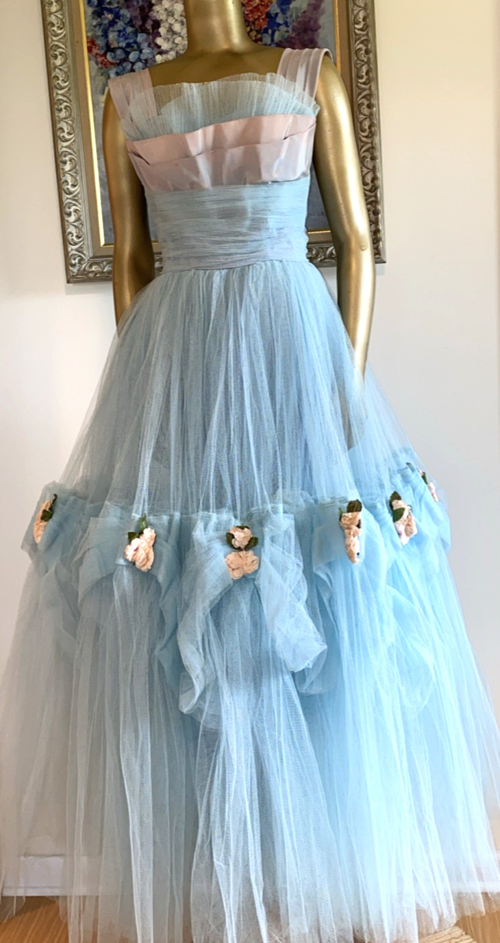 VINTAGE Grand Baby Blue 50’s Tulle & Taffeta Prom Gown w Flowers XS Dress