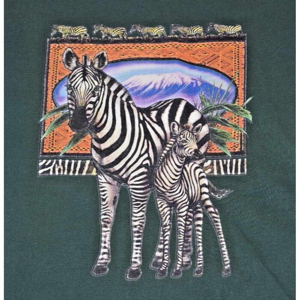 Vintage Animal Print T-Shirt Zebras Size S/M 80s Momma and Foal Green Tee