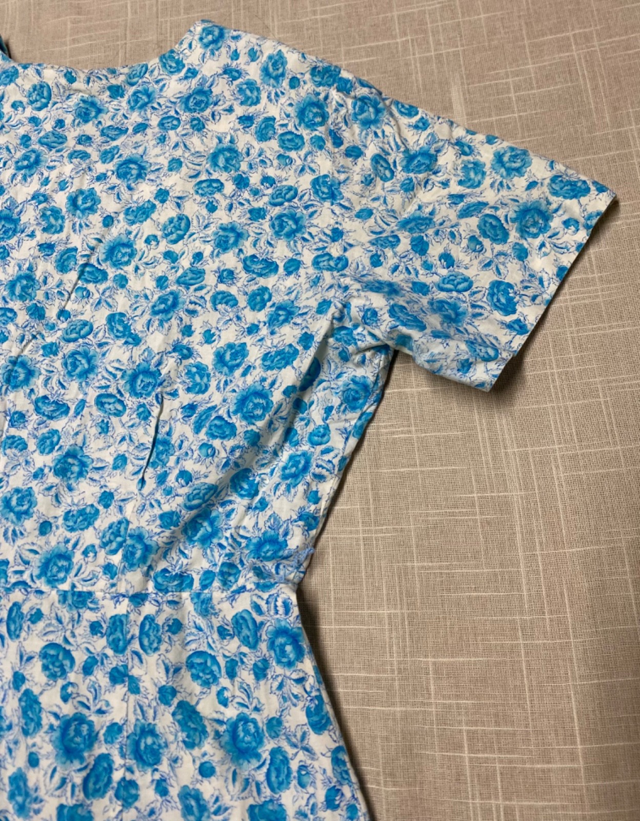 Vintage Dress 1950s Shirtwaist Sundress Blue Floral Cotton A-Line Button Up