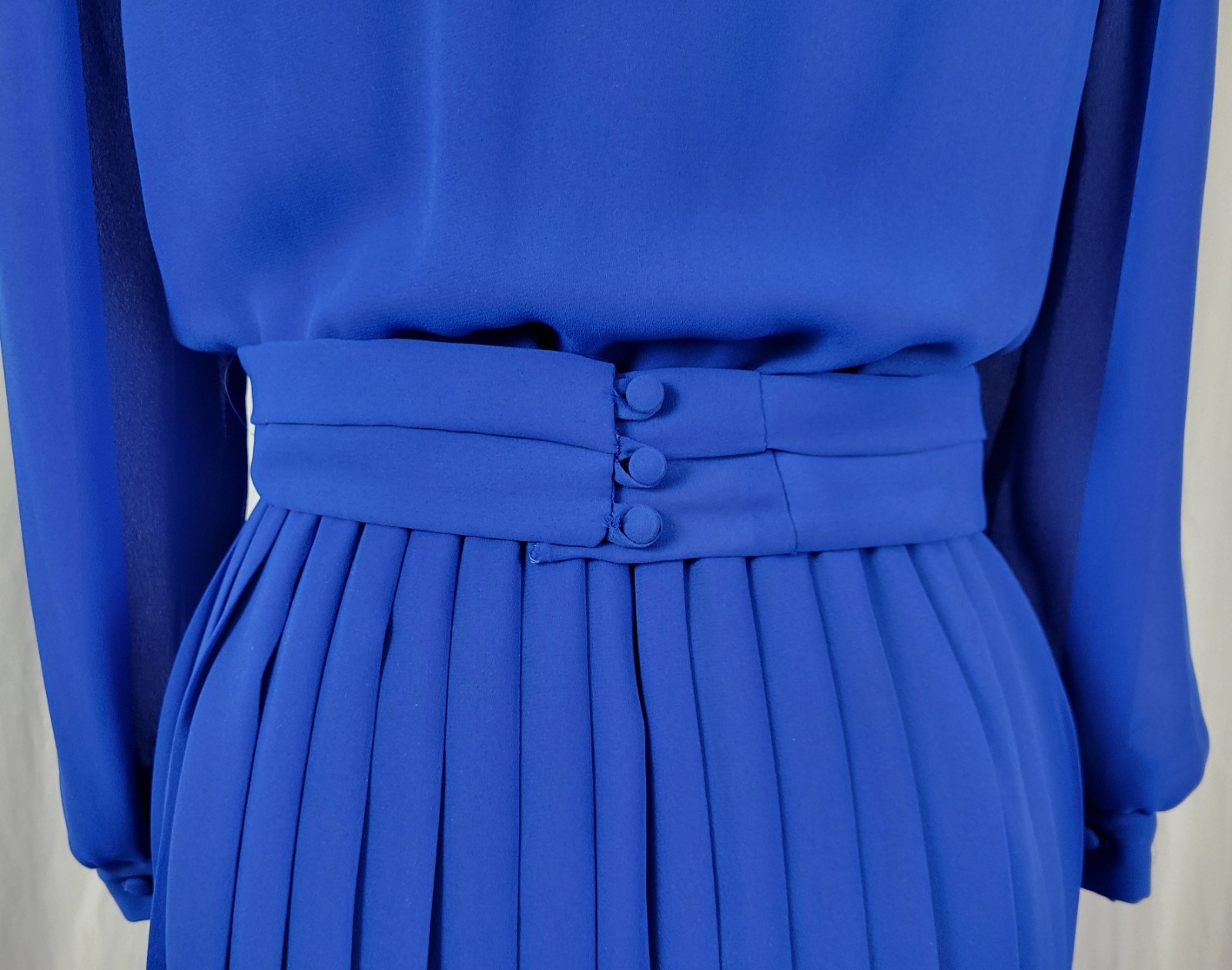 Vtg Lisa Michaels Blue Blouson Dress w Draped Neckline & Matching Belt Size 8