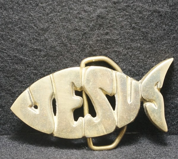 WI15135 VINTAGE 1970s **JESUS FISH** RELIGIOUS FASHION SOLID BRASS BELT BEUCKLE