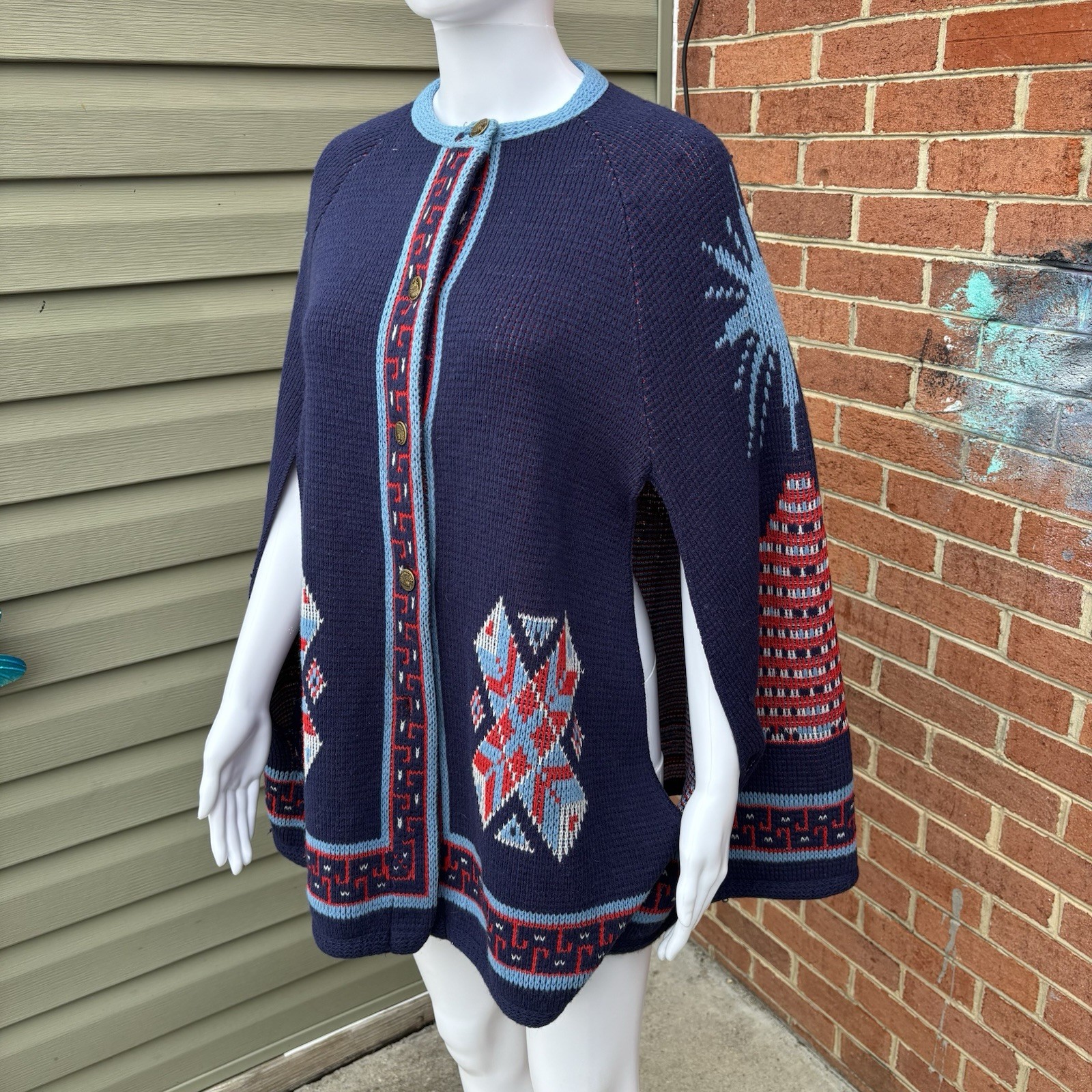 VTG STURBRIDGE 70S BOHO SWEATER CAPE SOUTHWESTERN WEAVER HIPPIE ONE SIZE