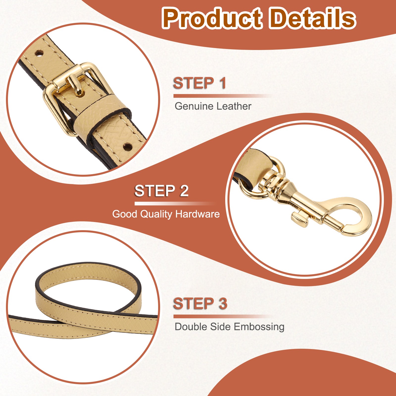 Leather bag strap, 95-115 cm adjustable (caches, gold buckle)