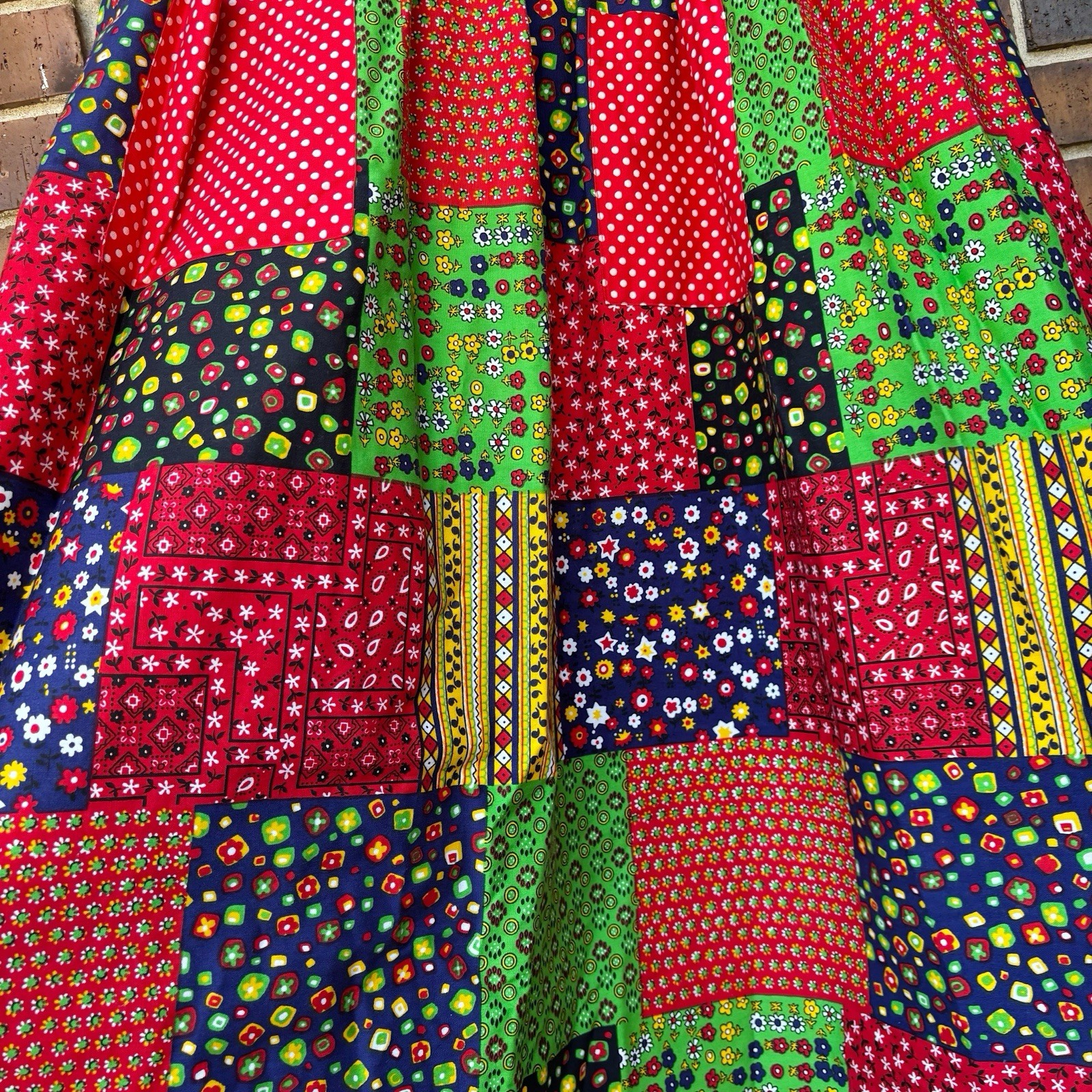 Vintage 1970s Patchwork Apron Smock Wrap maxi dress with pockets and ties S/M