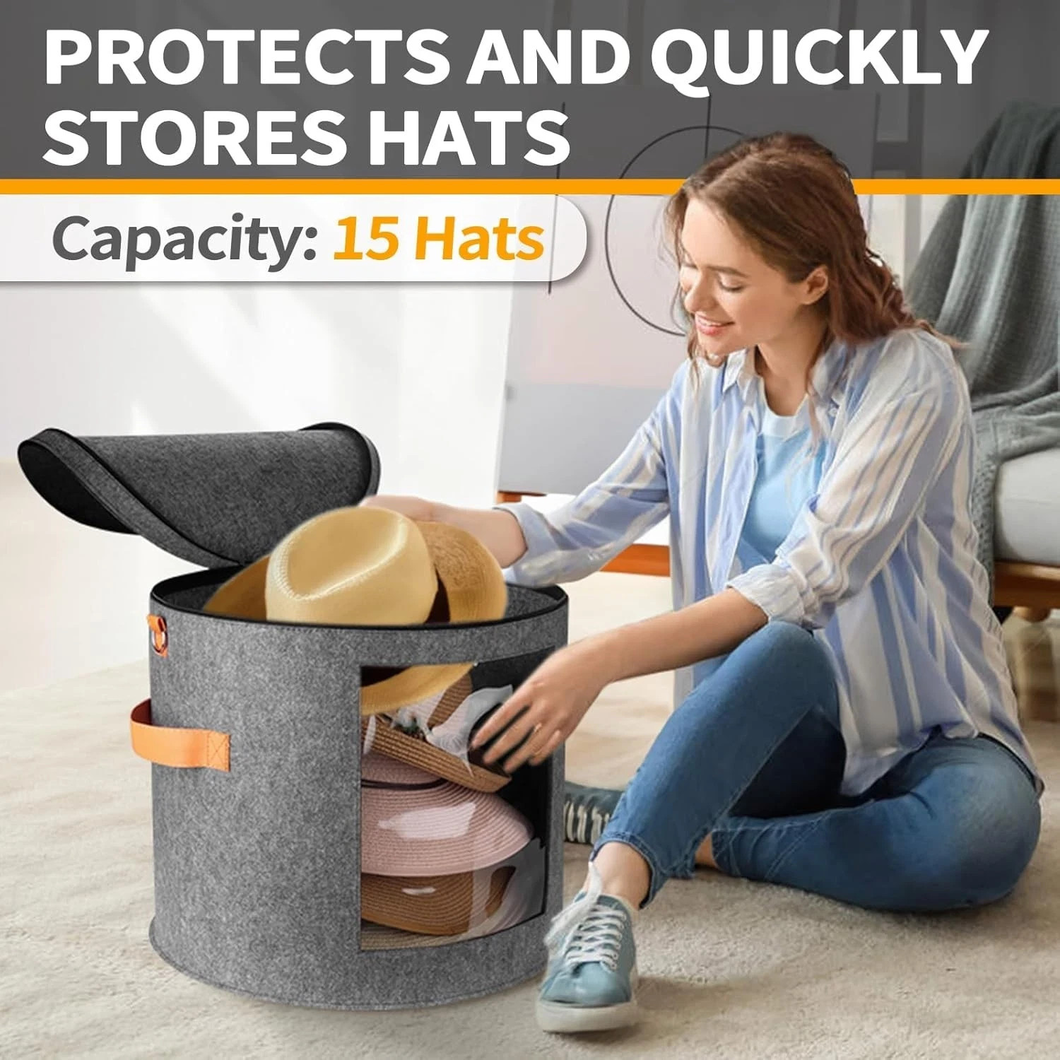 Oversized Hat Storage Box for Women & Men，19″ D x 17″ H Cowboy 001, 001-Grey