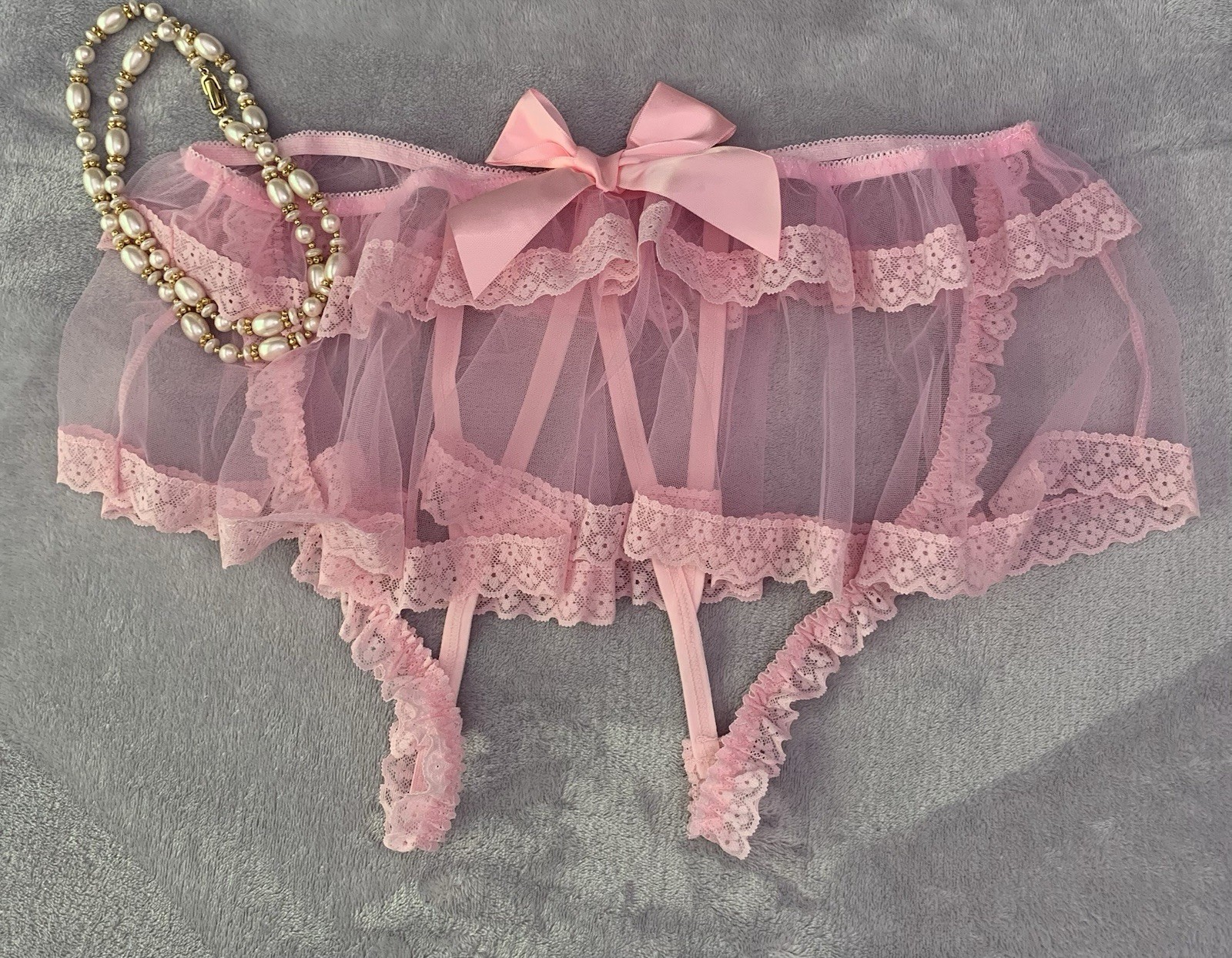 NEW SHEER Frilly Chiffon Panties Crotchless Bikini Panty XL Large Satin Bow