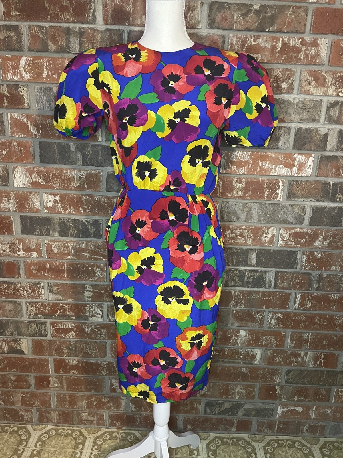 Albert Nipon Silk Chiffon Cocktail Dress w/ Poof Shoulders Floral Colorful 80s