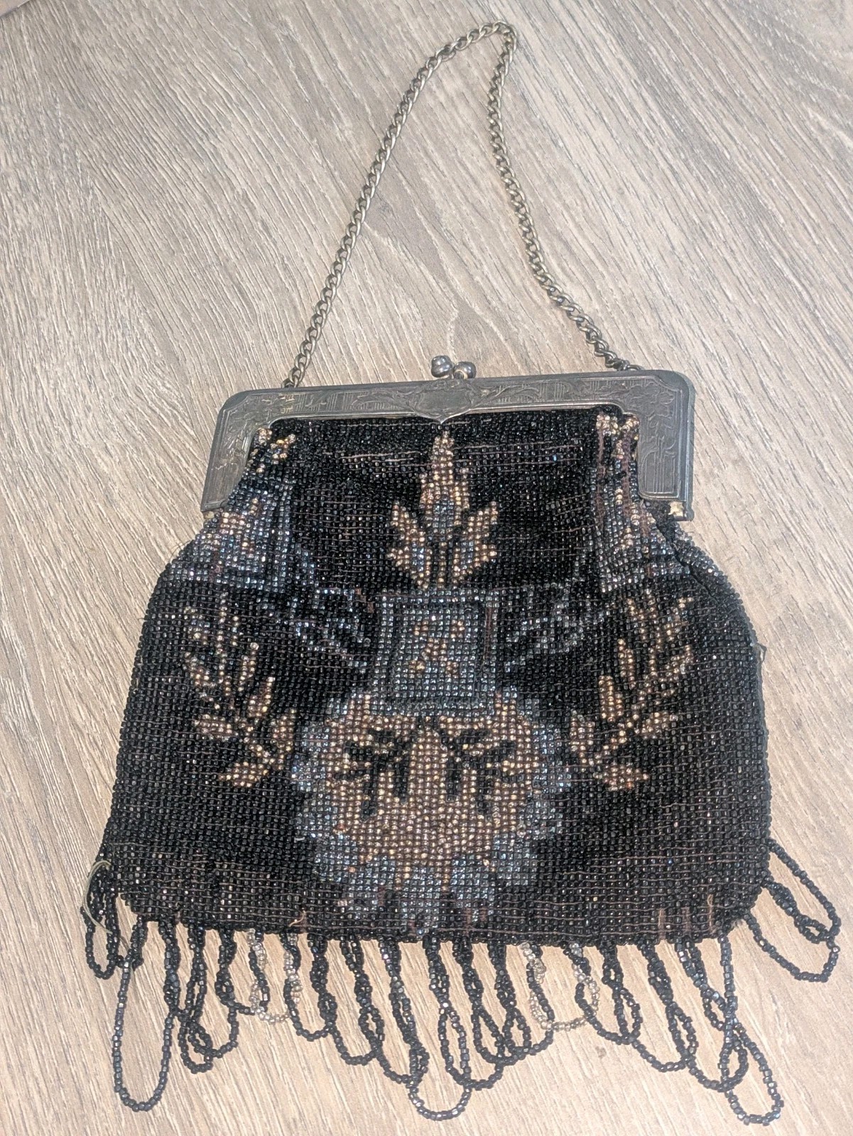 ANTIQUE MICRO BEAD VINTAGE GERMAN GORGEOUS SILVER GOLD JET BLACK FOREST BAG