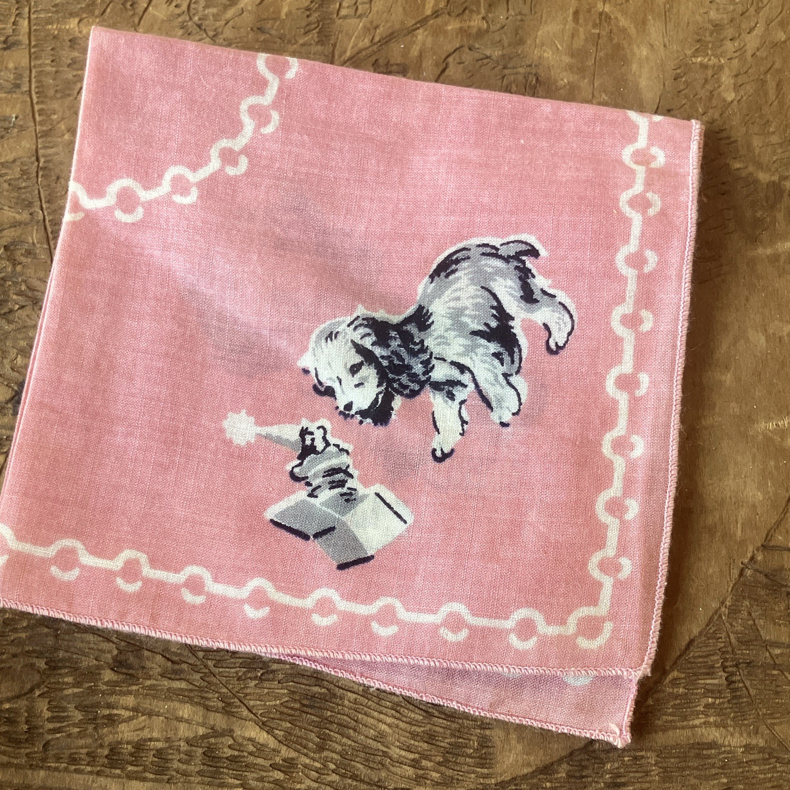 40s/50s Vintage Novelty Dog Print Handkerchief Pink Kids Unisex. Collectible