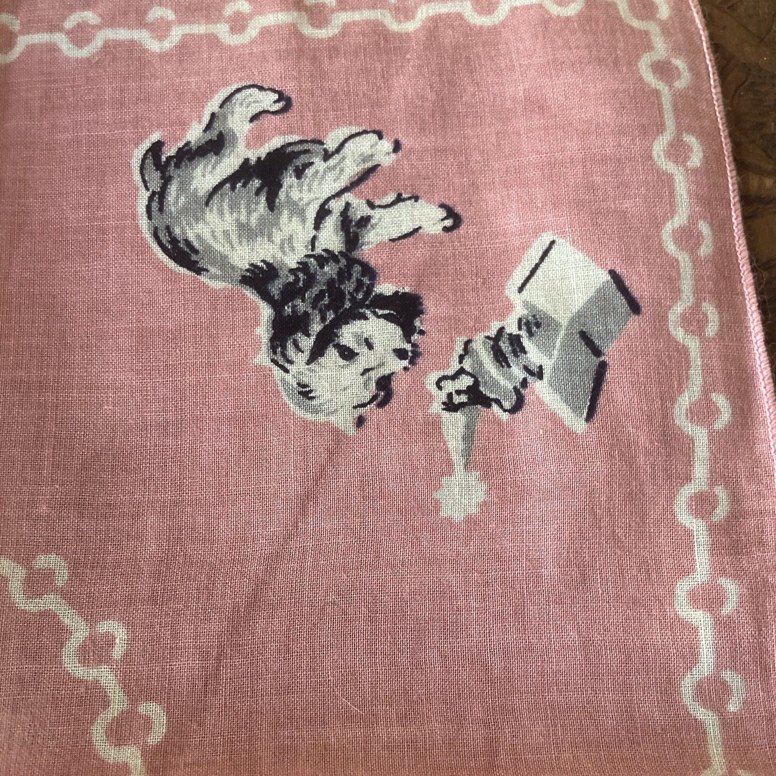 40s/50s Vintage Novelty Dog Print Handkerchief Pink Kids Unisex. Collectible