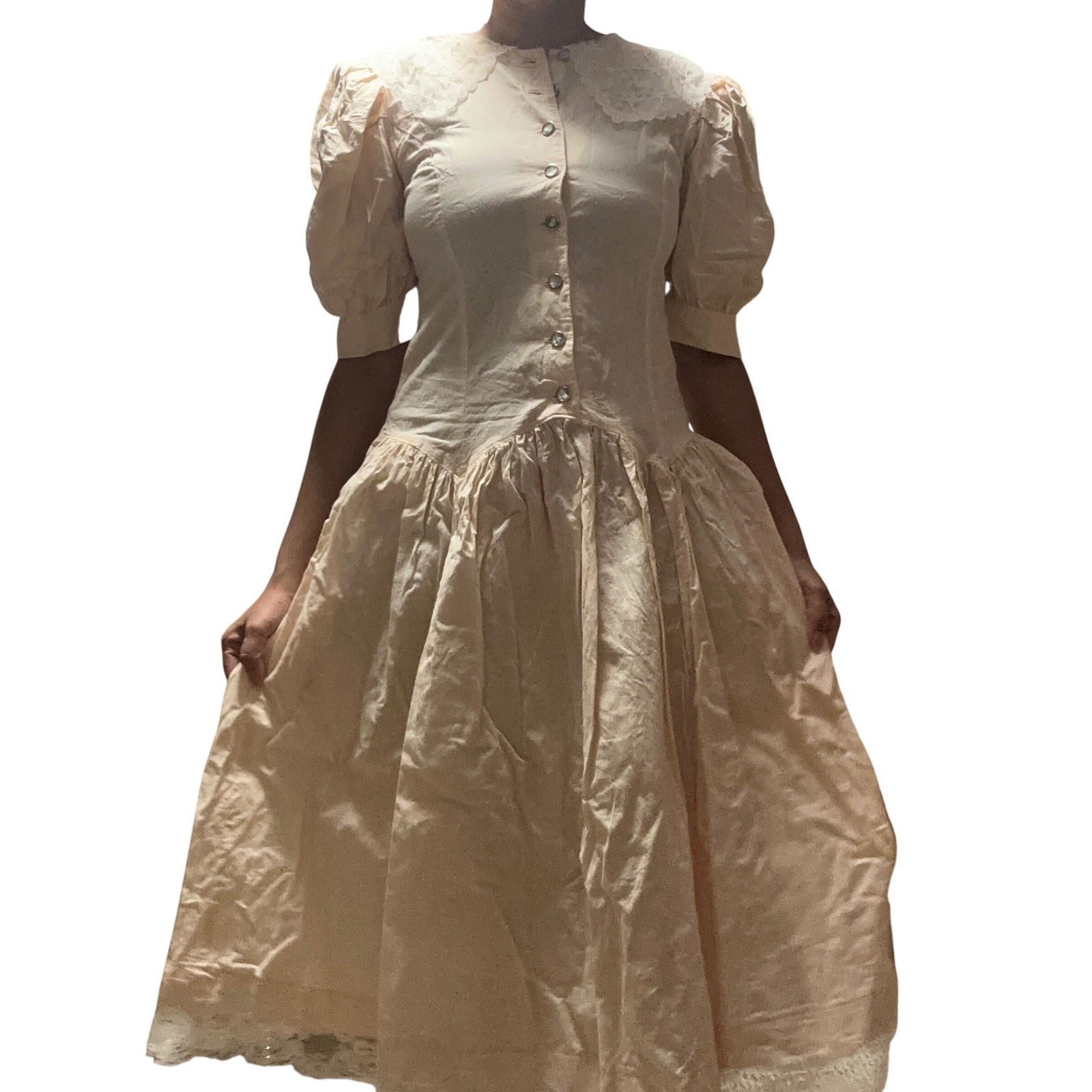 Vintage 1970s Joni Blair Prairie Dress Lace Collar Cotton Pockets USA 7