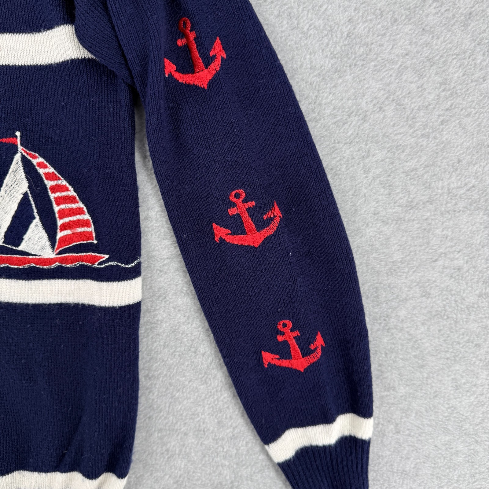 Vtg Nautical Sailboat Anchor Sweater Womens Small Blue Knit Coastal Striped