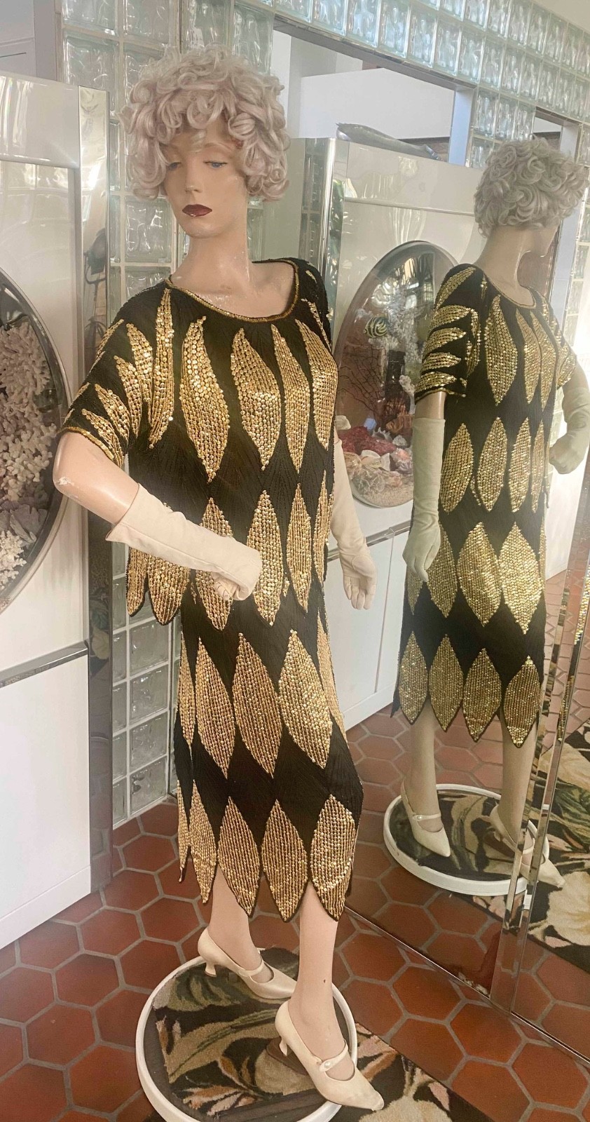 VTG Flapper inspired Art Deco Black Gold Silk Beaded Sequin 2 pc Tiered Dress XL