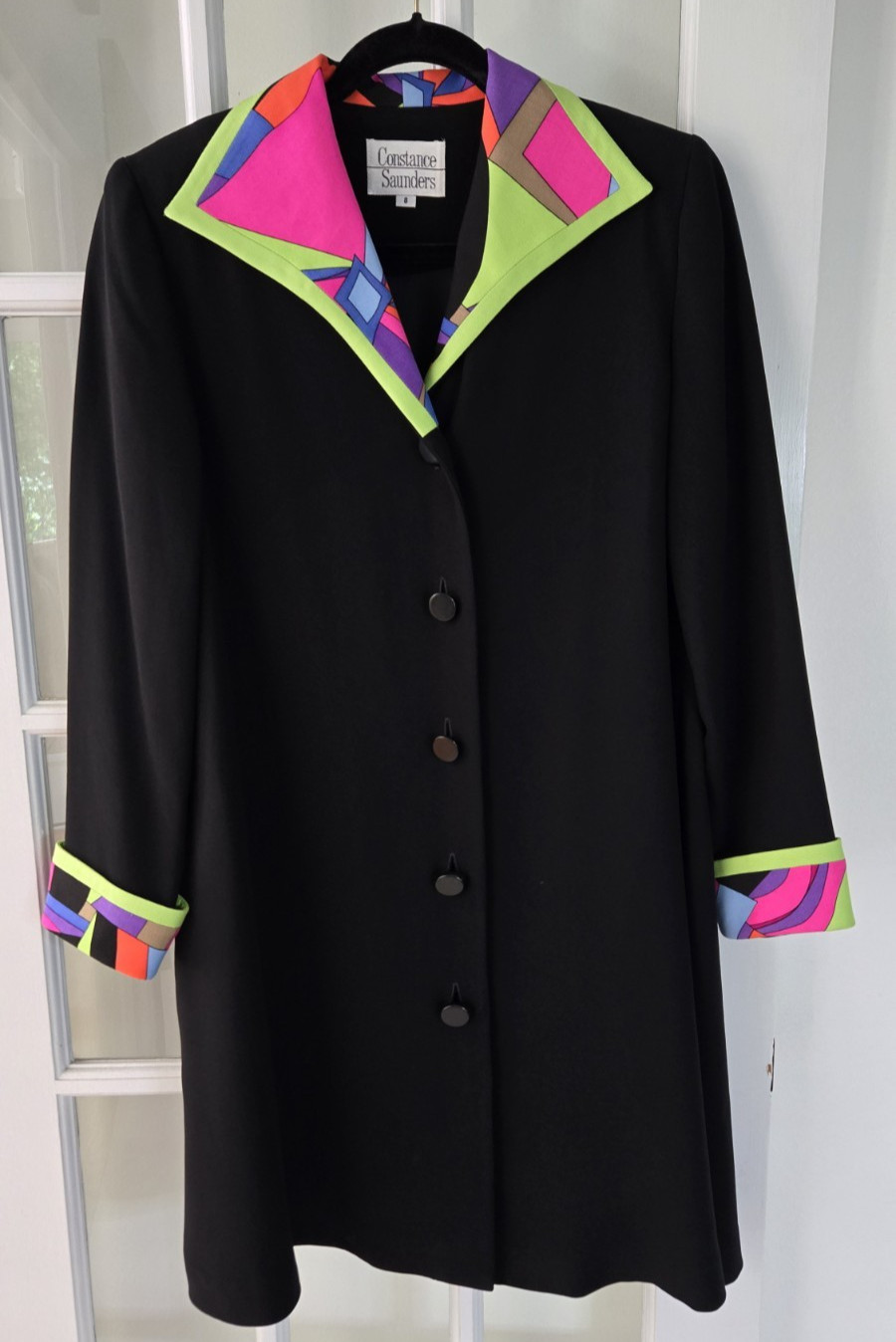 VTG Constance Saunders Womens 8 Long Coat Jacket Multicolor Flip Cuff Collar