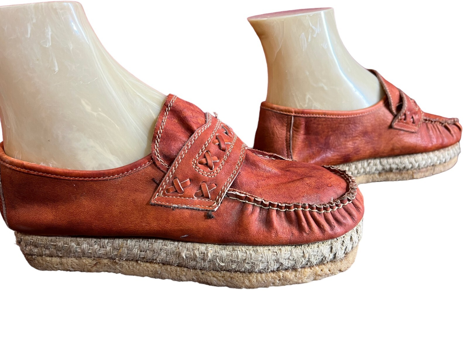 6.5 NOS Vtg 70s Shoes Jute Platform Heels Loafers Leather Slip On Delmar Romania