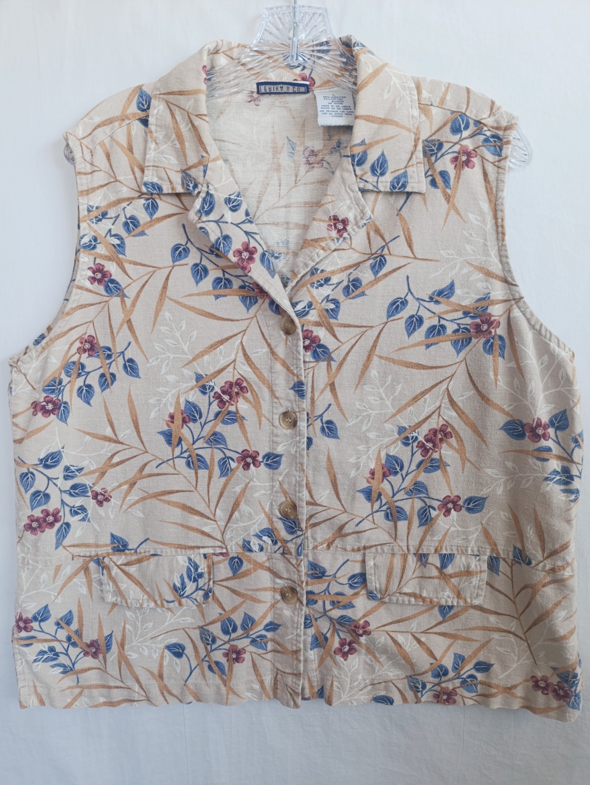 Vintage 90s Erika & Co. Womens Floral Linen Pockets Tank Top Vest Sri Lanka Sz L