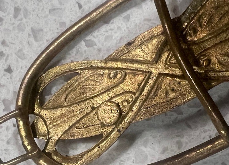 Signed Czech Gablonz Art Nouveau Brass Buckle Blue Lapis Glass Cabochon 20s C9
