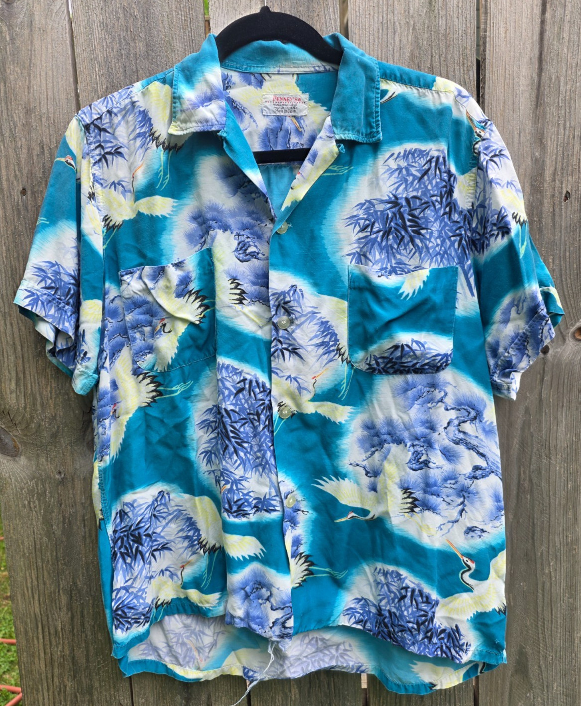 Vintage 50s Penneys Hawaiian Camp Shirt Medium Blue Japanese Crane Rayon Aloha
