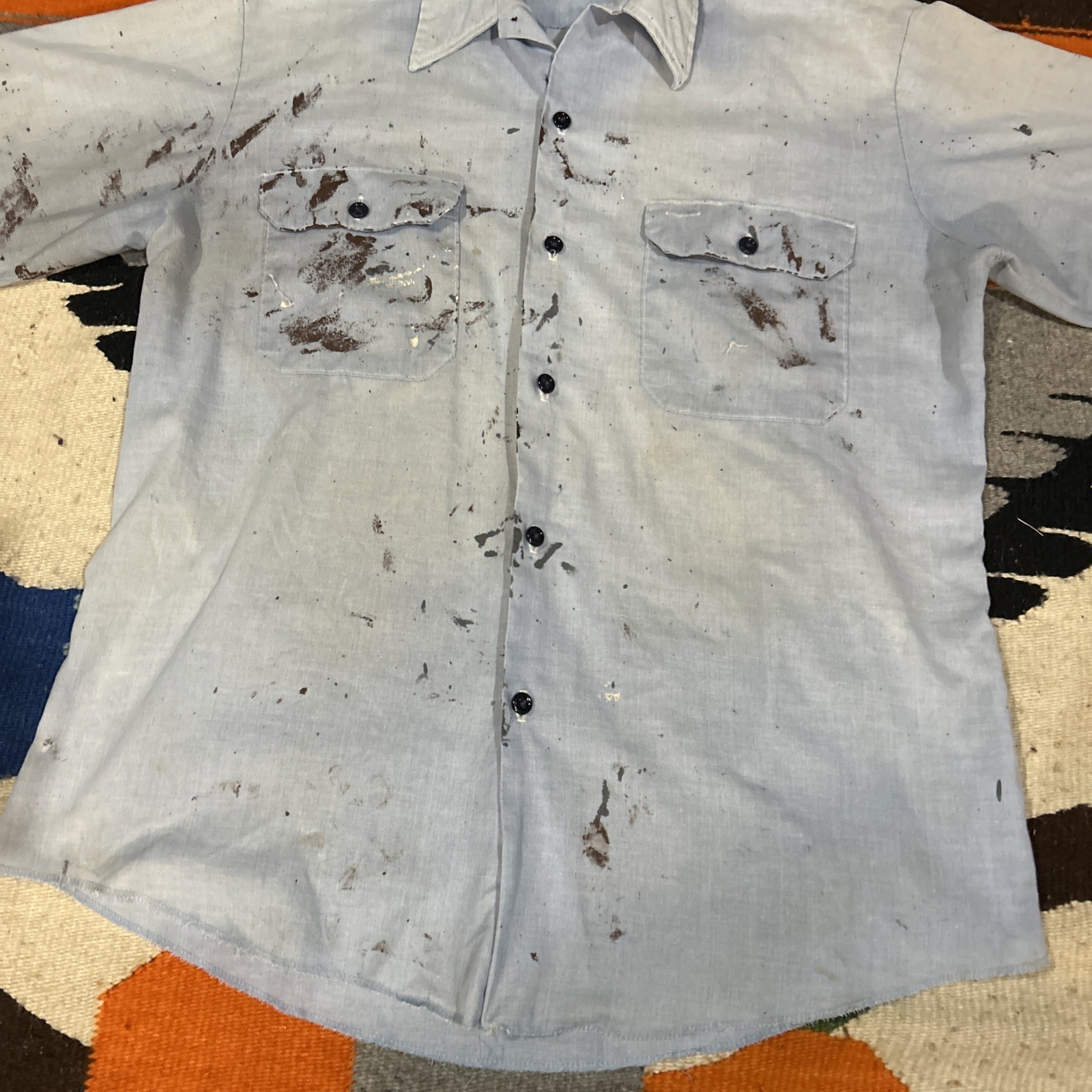 Vtg Distressed Paint Sears Sz L 16-16 1/2 Short Sleeve Blue Work Leisure Shirt