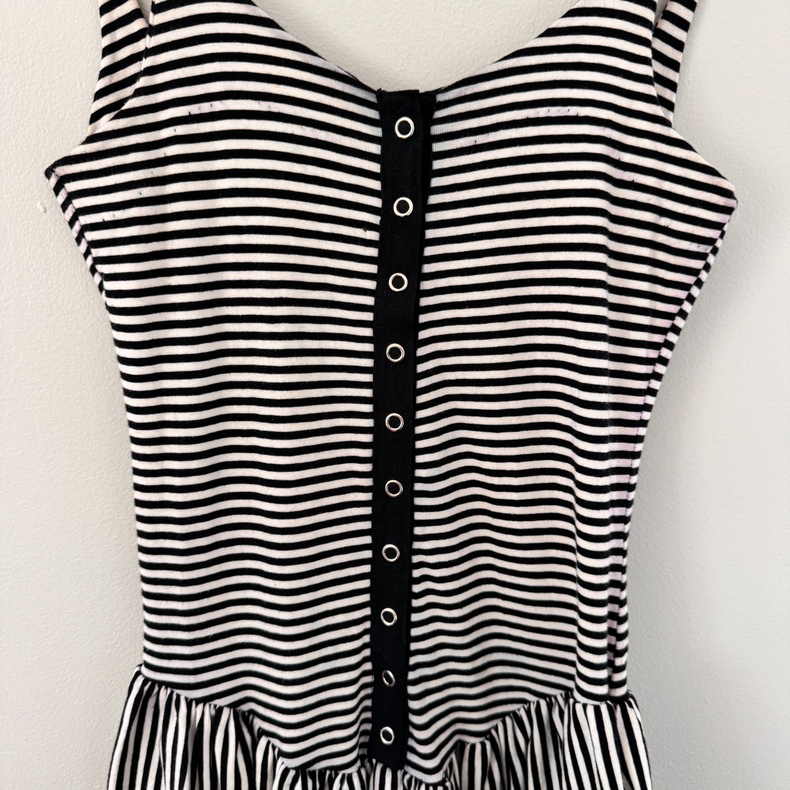 80s vtg BETSEY JOHNSON Black White PUNK LABEL Striped SNAPS Jumpsuit Catsuit S