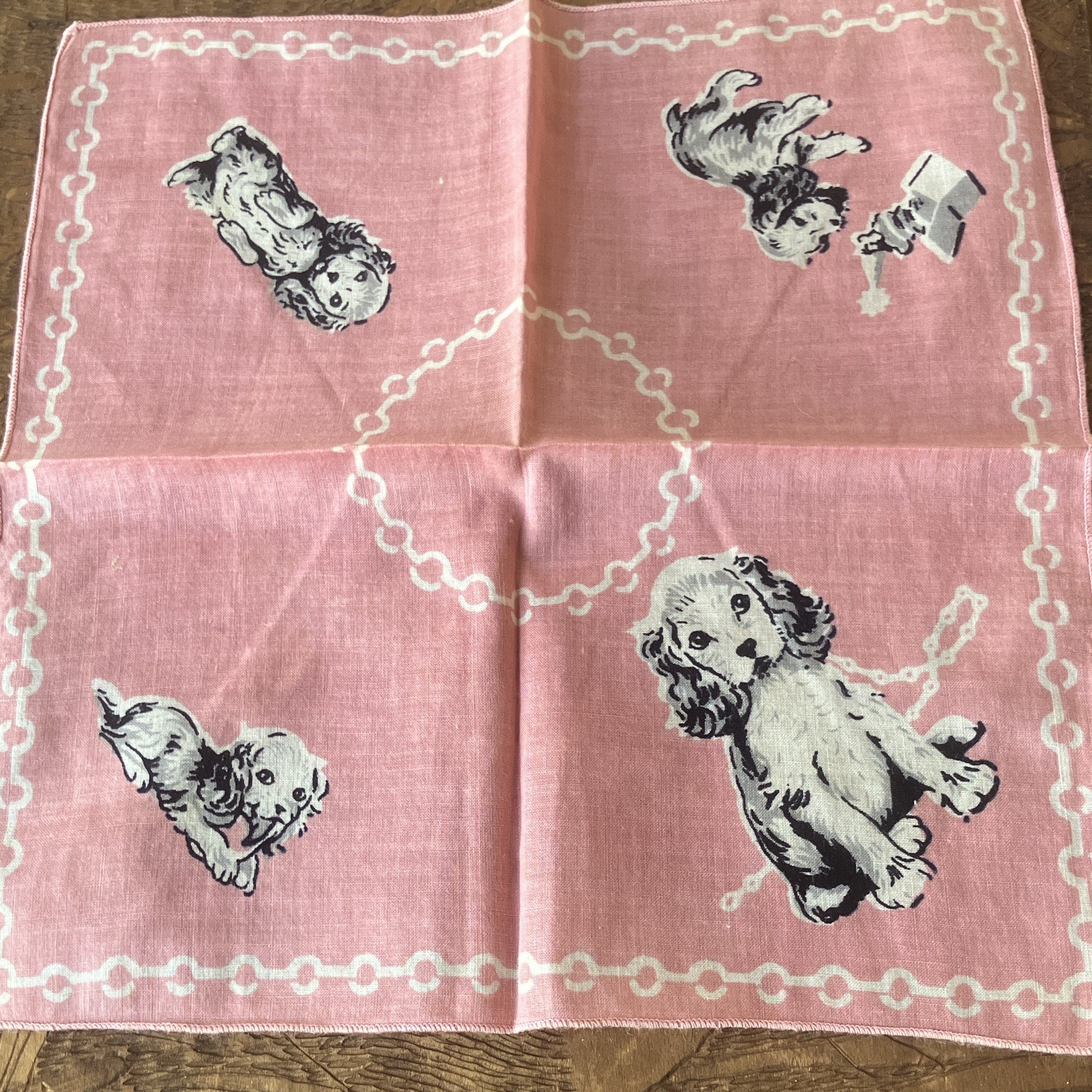 40s/50s Vintage Novelty Dog Print Handkerchief Pink Kids Unisex. Collectible