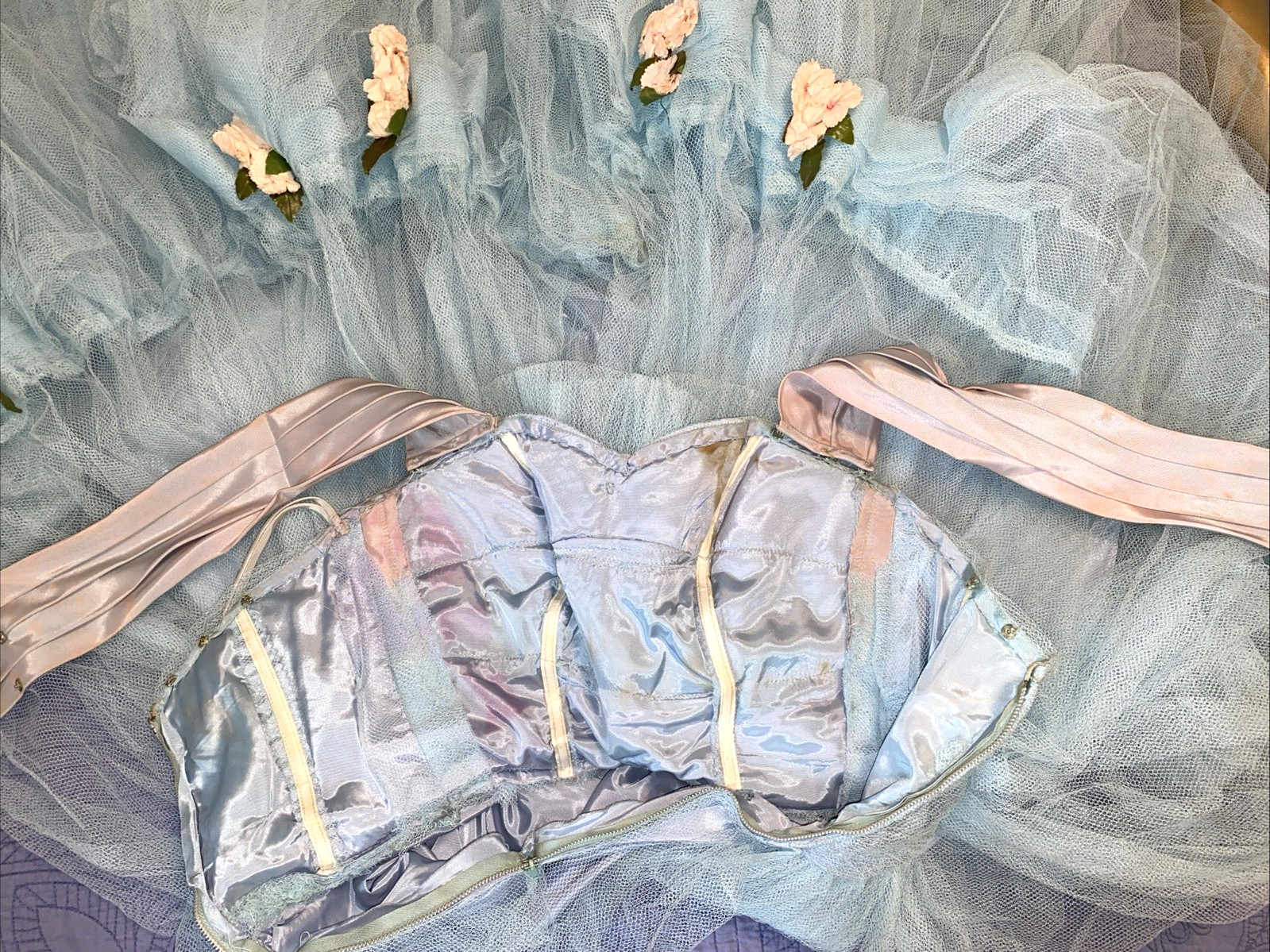 VINTAGE Grand Baby Blue 50’s Tulle & Taffeta Prom Gown w Flowers XS Dress
