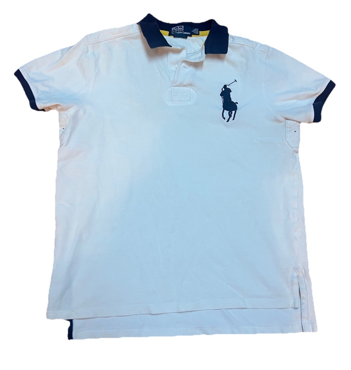 Polo by Ralph Lauren VTG 90s WHITE NAVY BIG PONY POLO SHIRT SZ L Yellow Stripe