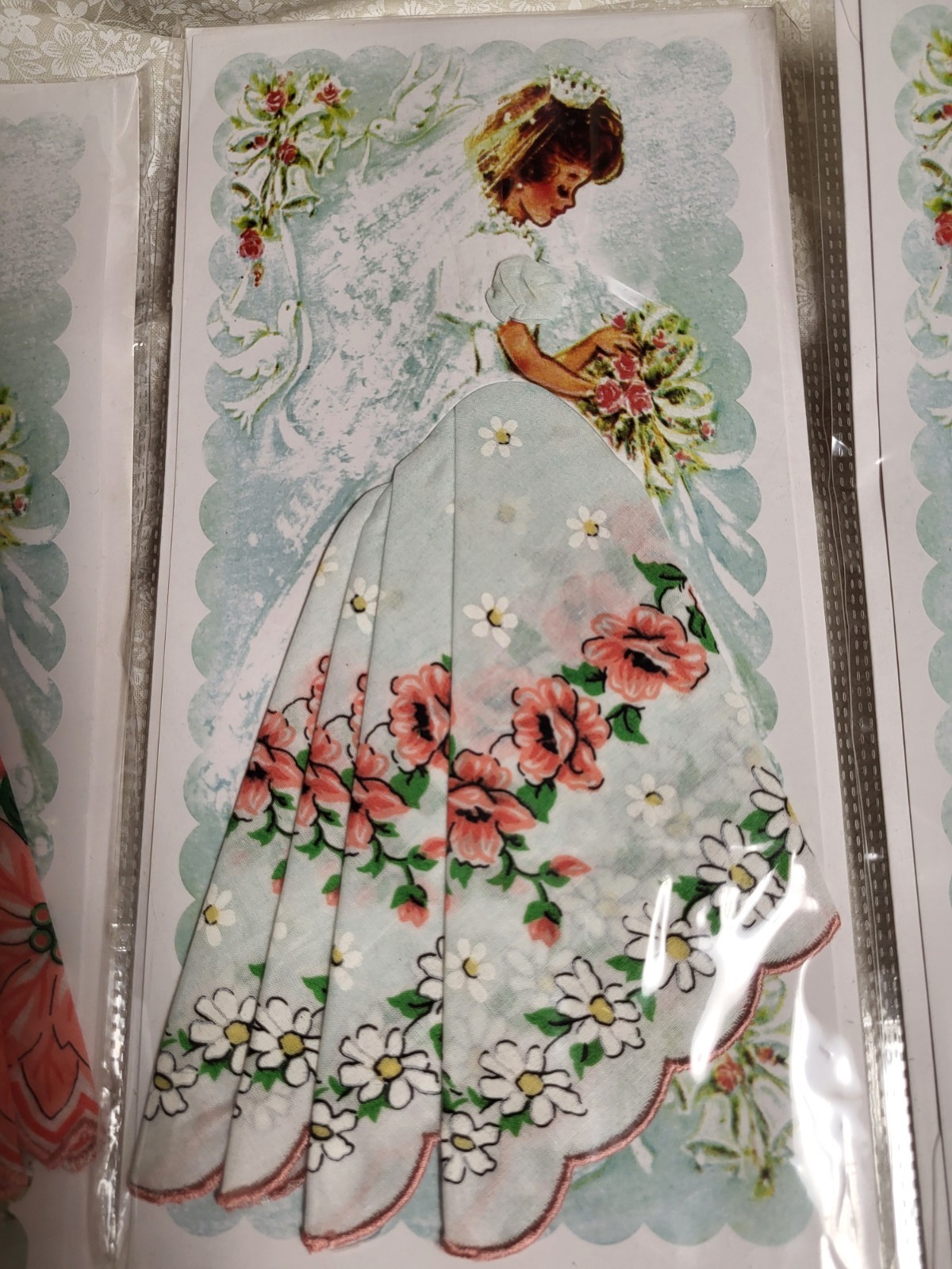 Lot of Retro hanky handkerchief card; bride w/full skirt, wedding card, envelope