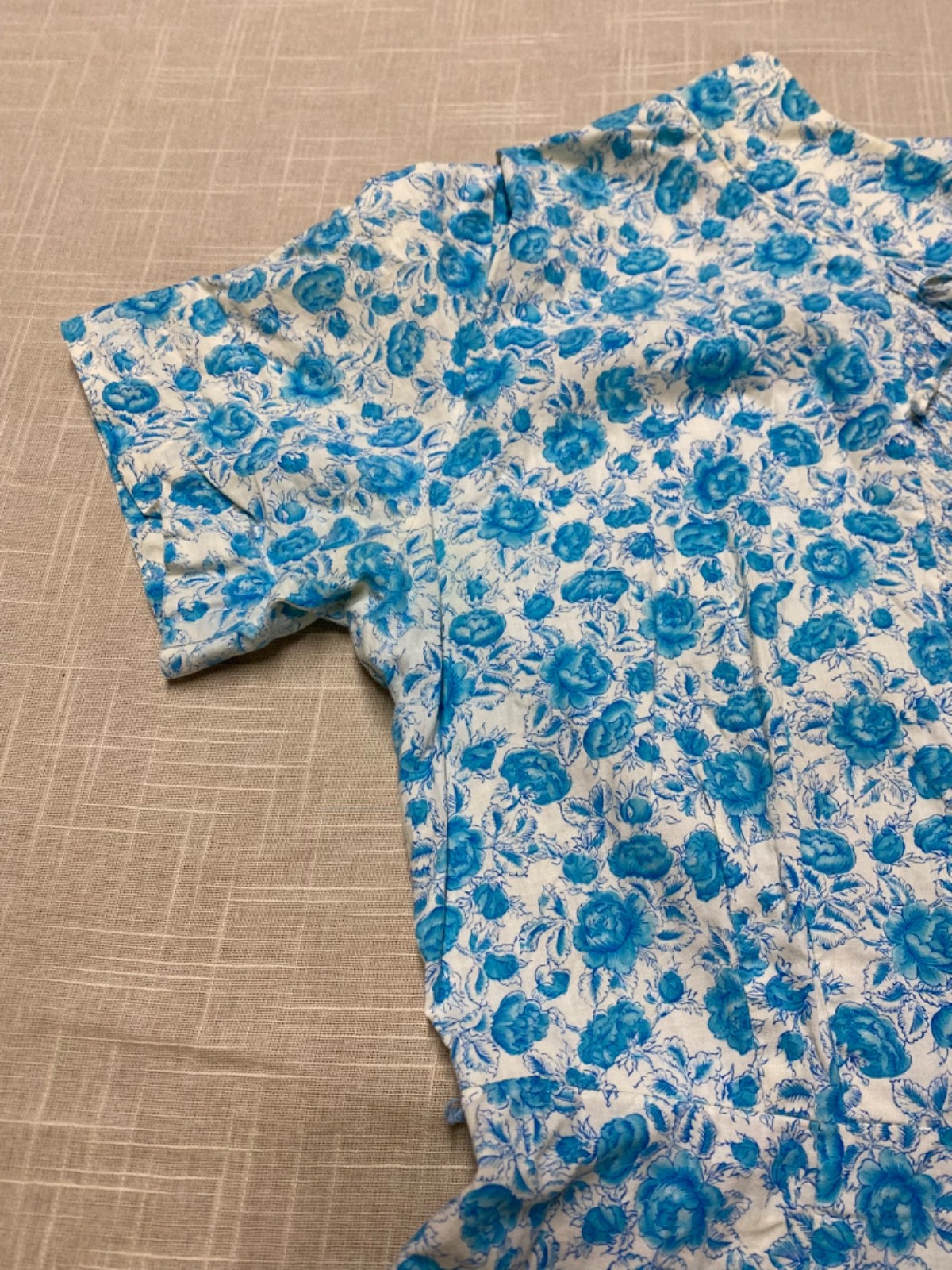 Vintage Dress 1950s Shirtwaist Sundress Blue Floral Cotton A-Line Button Up