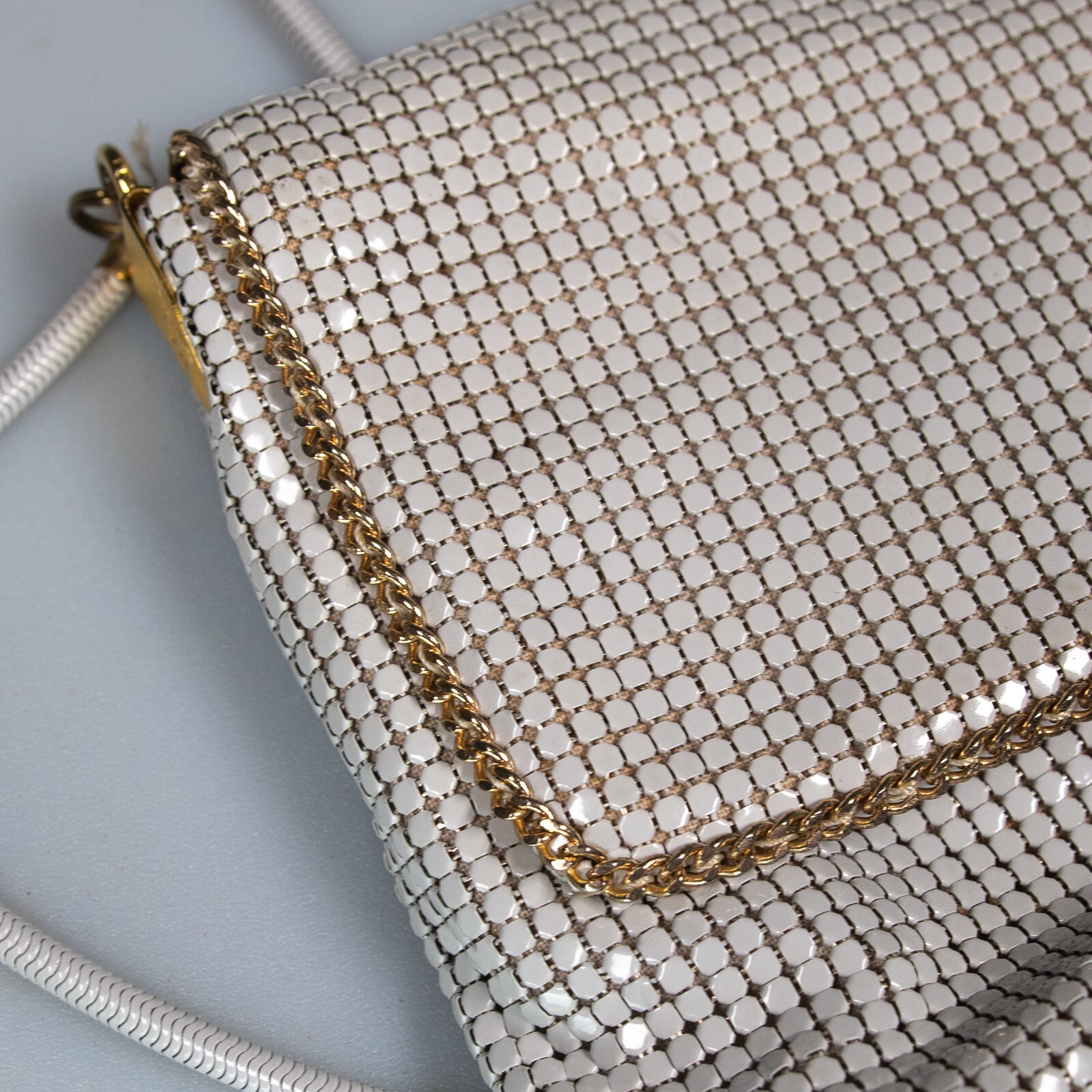 Vintage GLOMESH grey with gold trim crossbody bag – in original box – c1980s