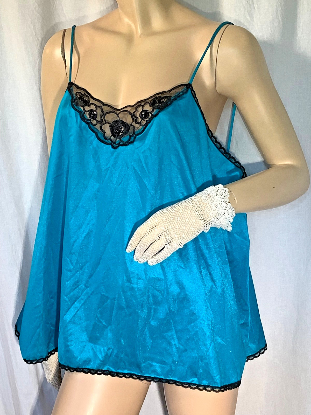 vintage Plus woman within Turquoise blue 80s sexy Chemise lace Cami babydoll 2XL